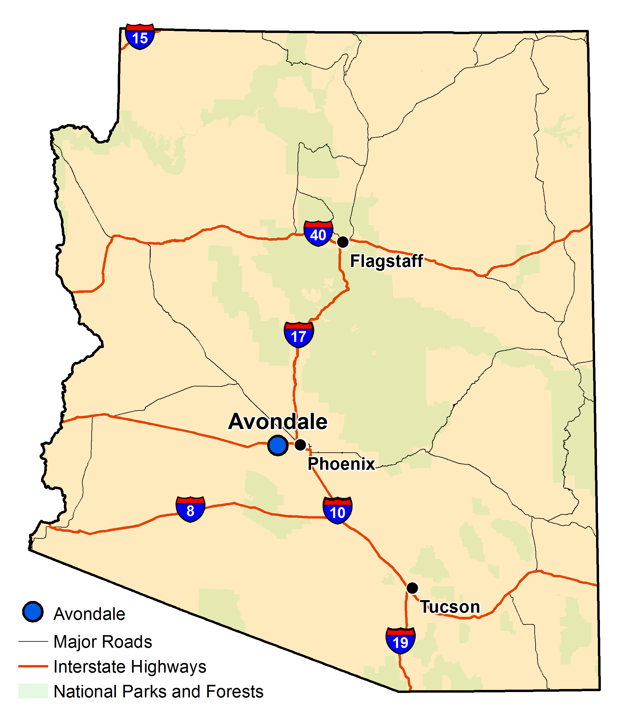 Map of Arizona with major highways and cities and the currently profiled community highlighted