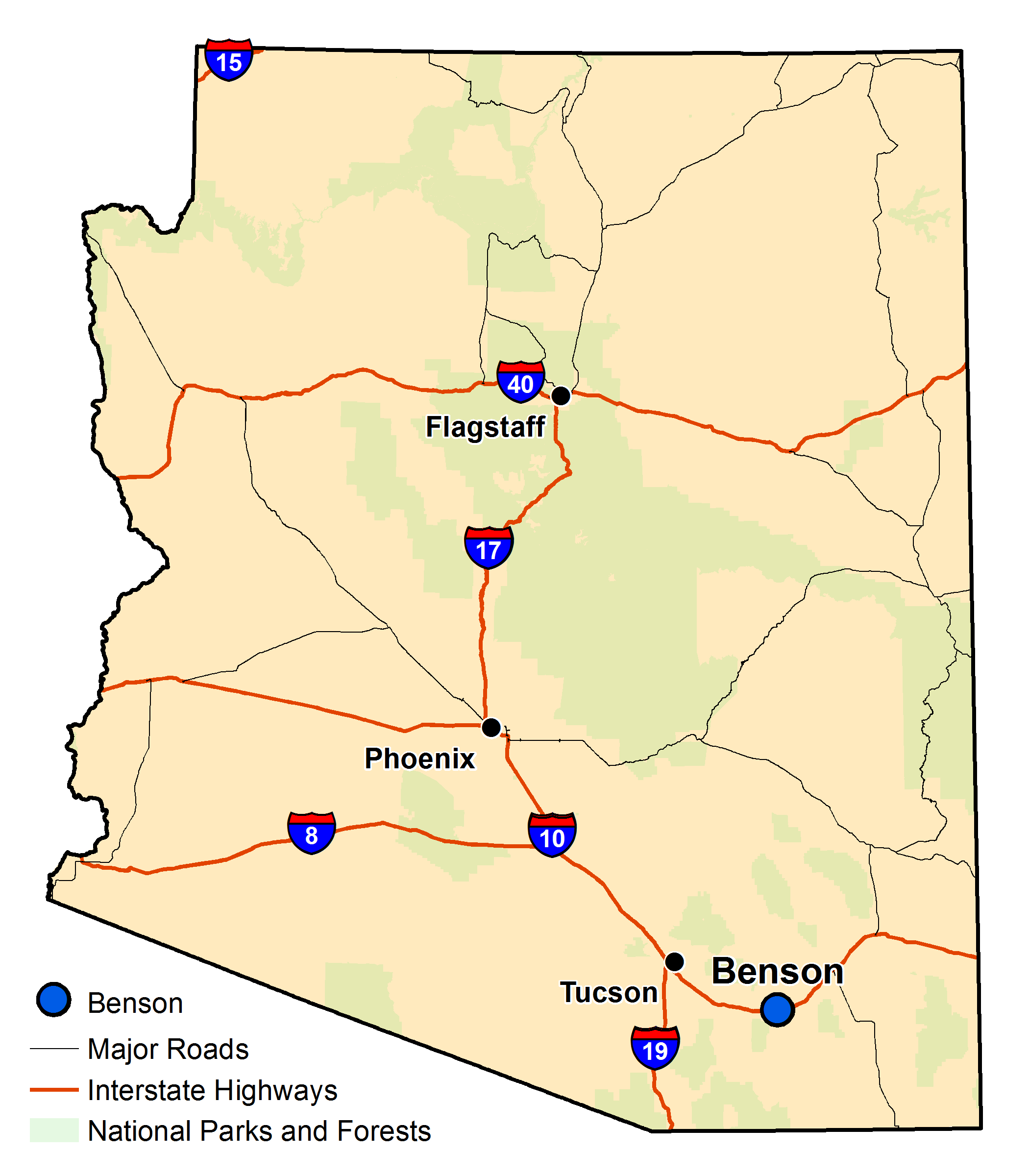 Map of Arizona with major highways and cities and the currently profiled community highlighted