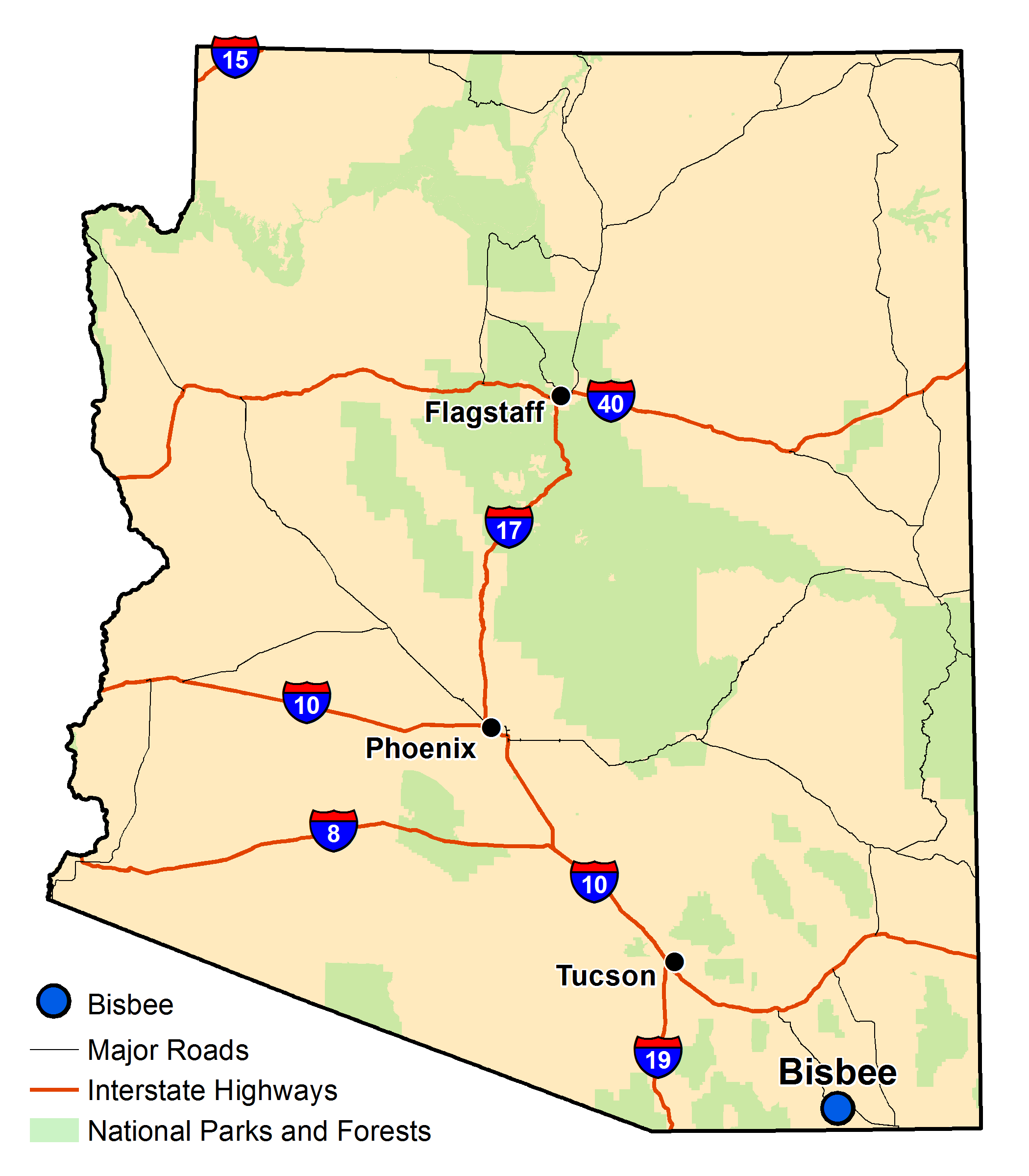 Map of Arizona with major highways and cities and the currently profiled community highlighted