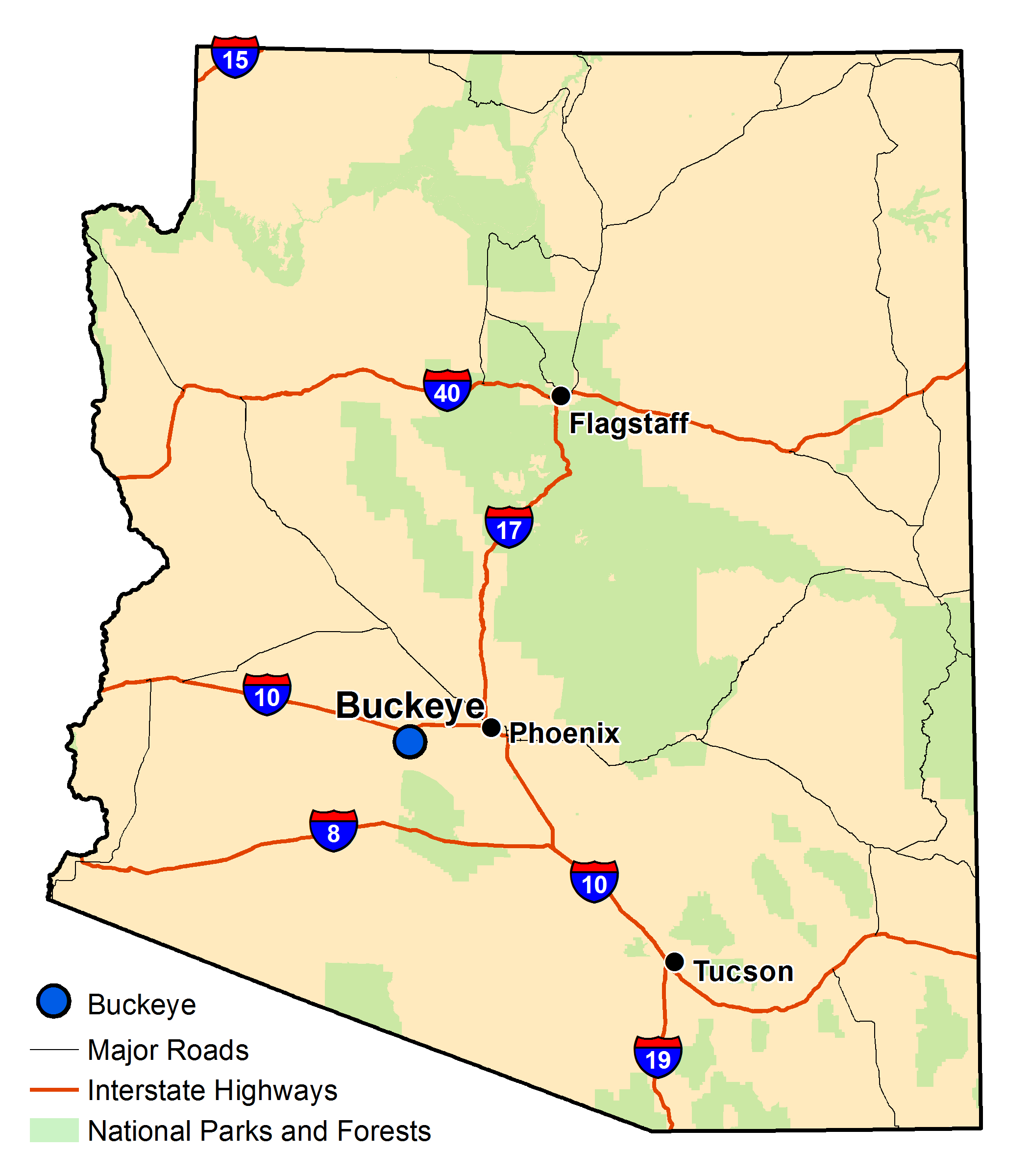 Map of Arizona with major highways and cities and the currently profiled community highlighted