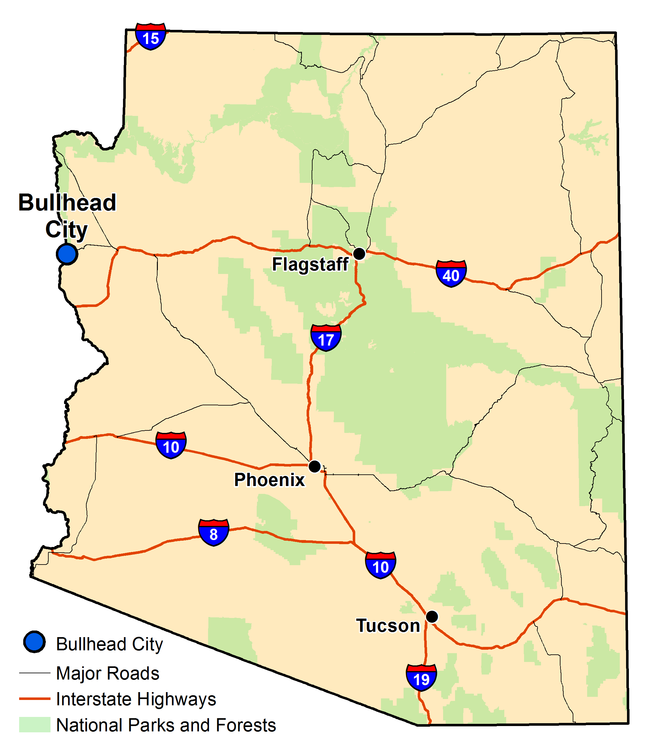 Map of Arizona with major highways and cities and the currently profiled community highlighted