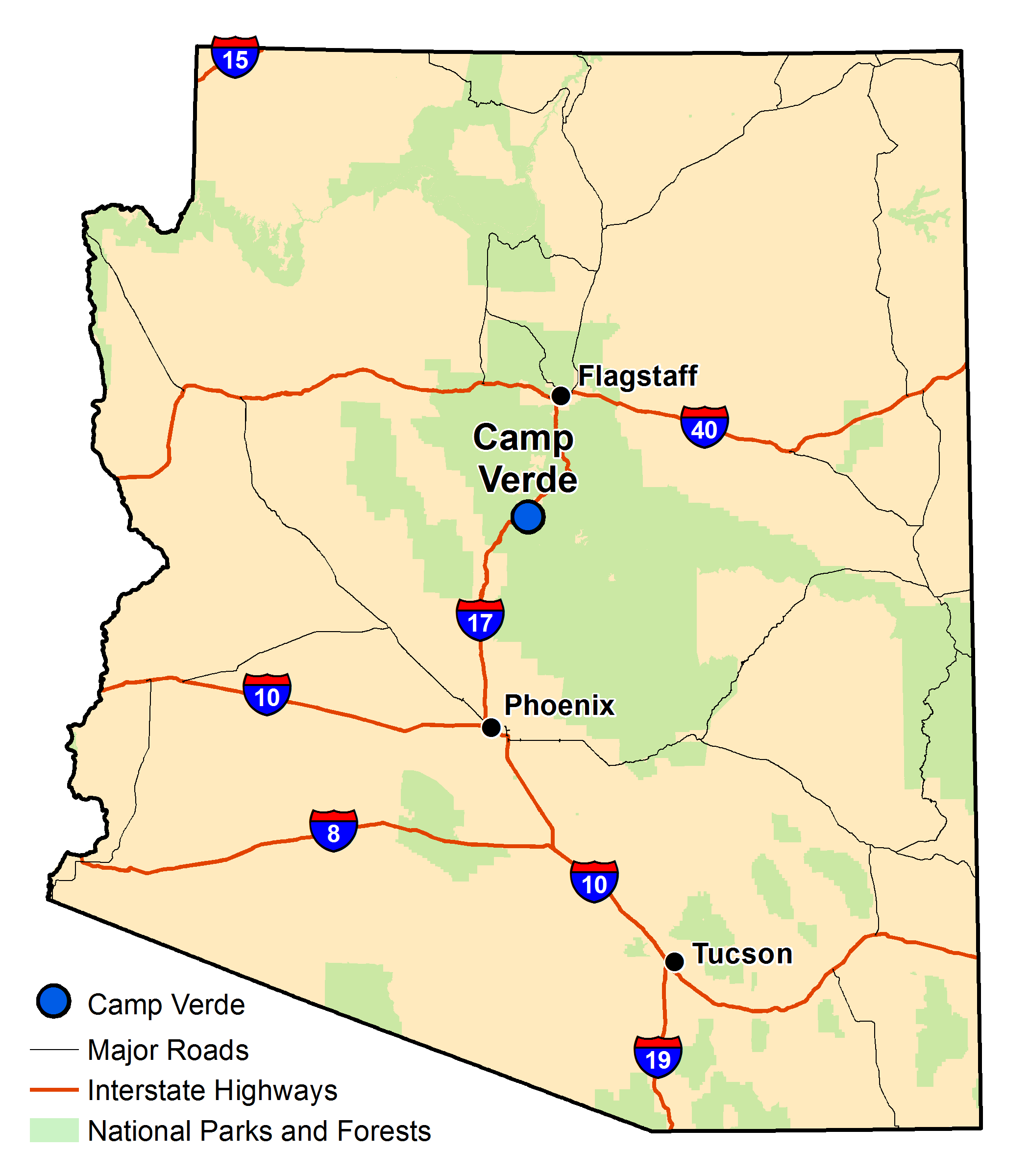 Map of Arizona with major highways and cities and the currently profiled community highlighted