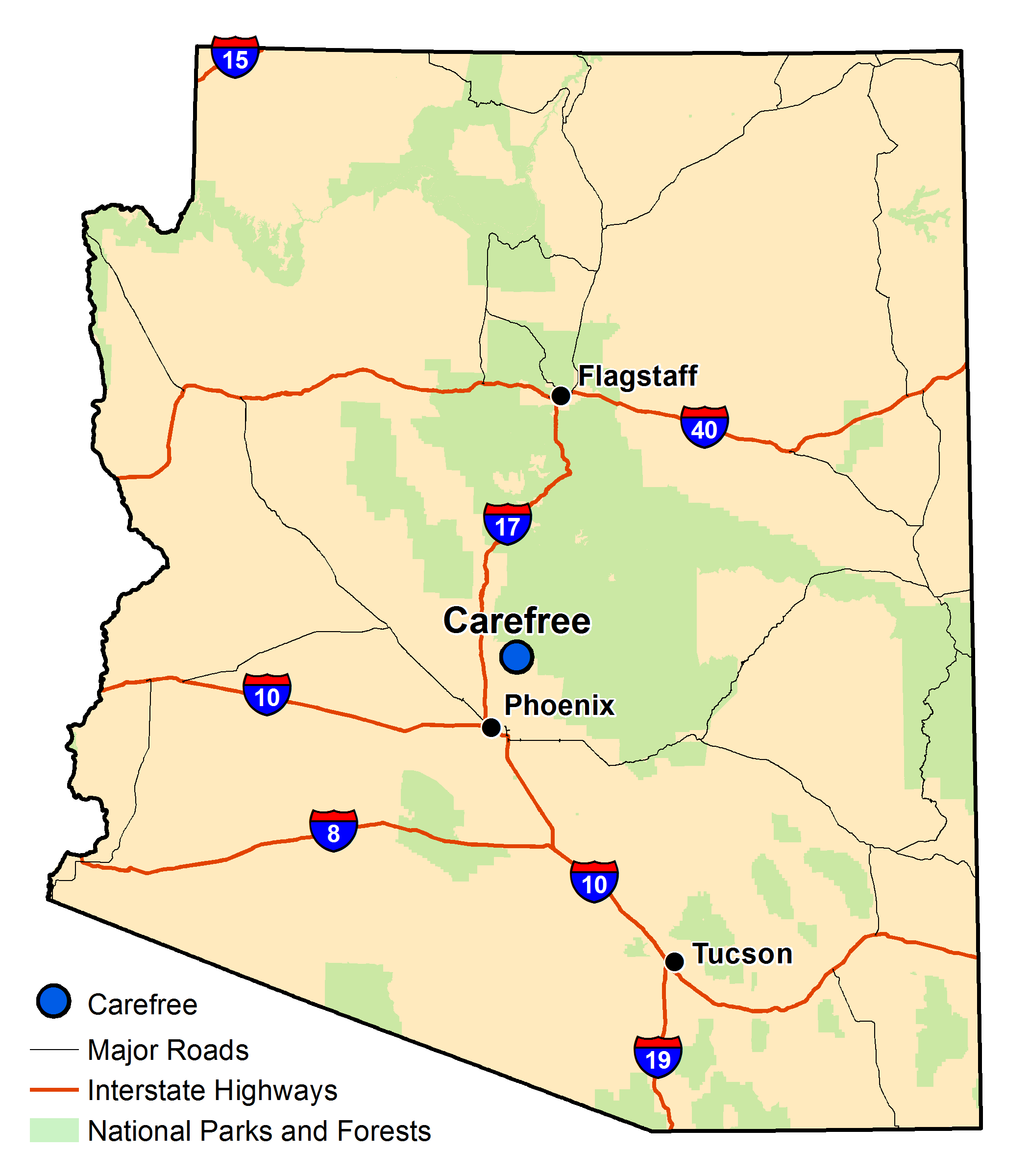 Map of Arizona with major highways and cities and the currently profiled community highlighted