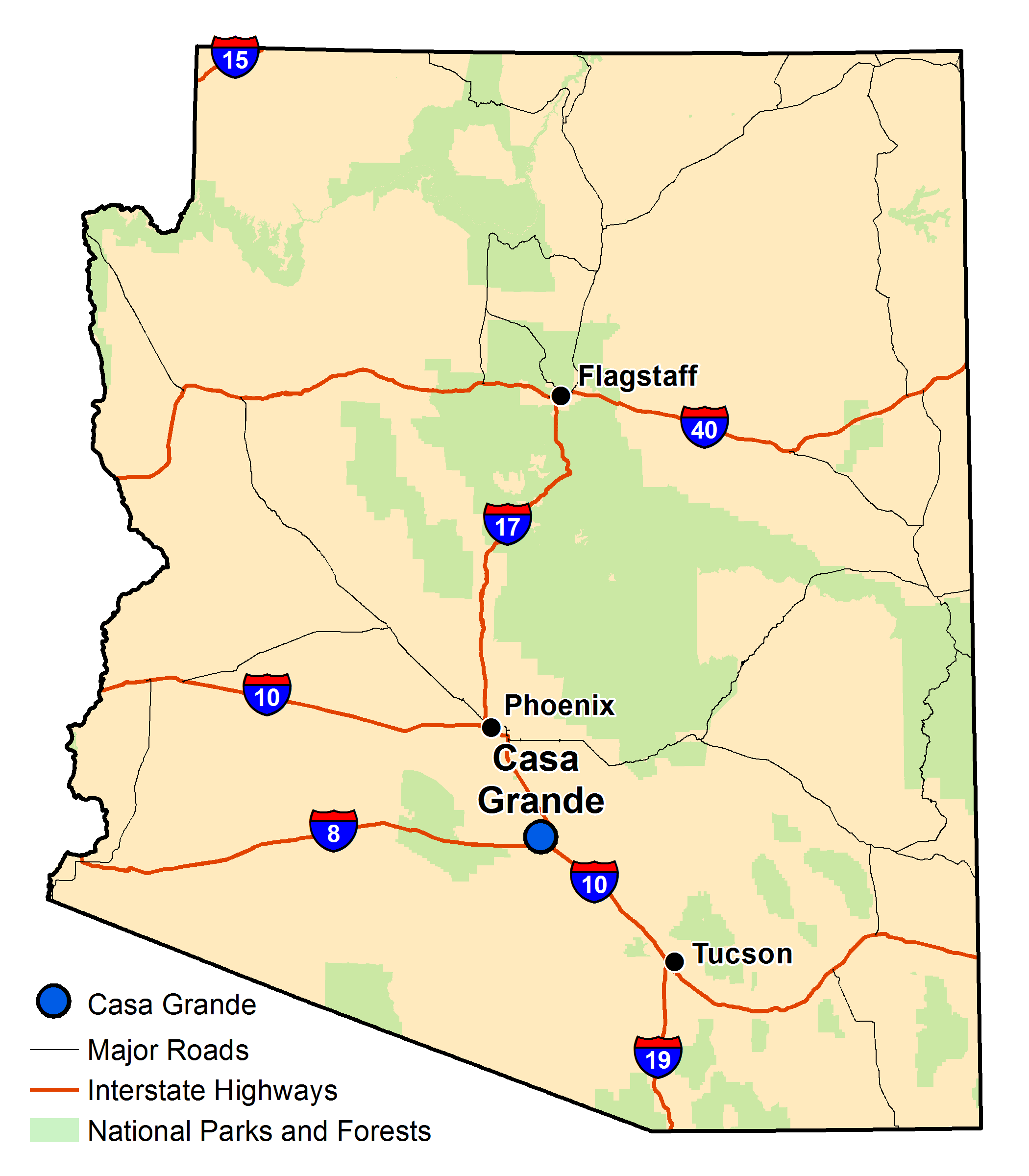 Map of Arizona with major highways and cities and the currently profiled community highlighted