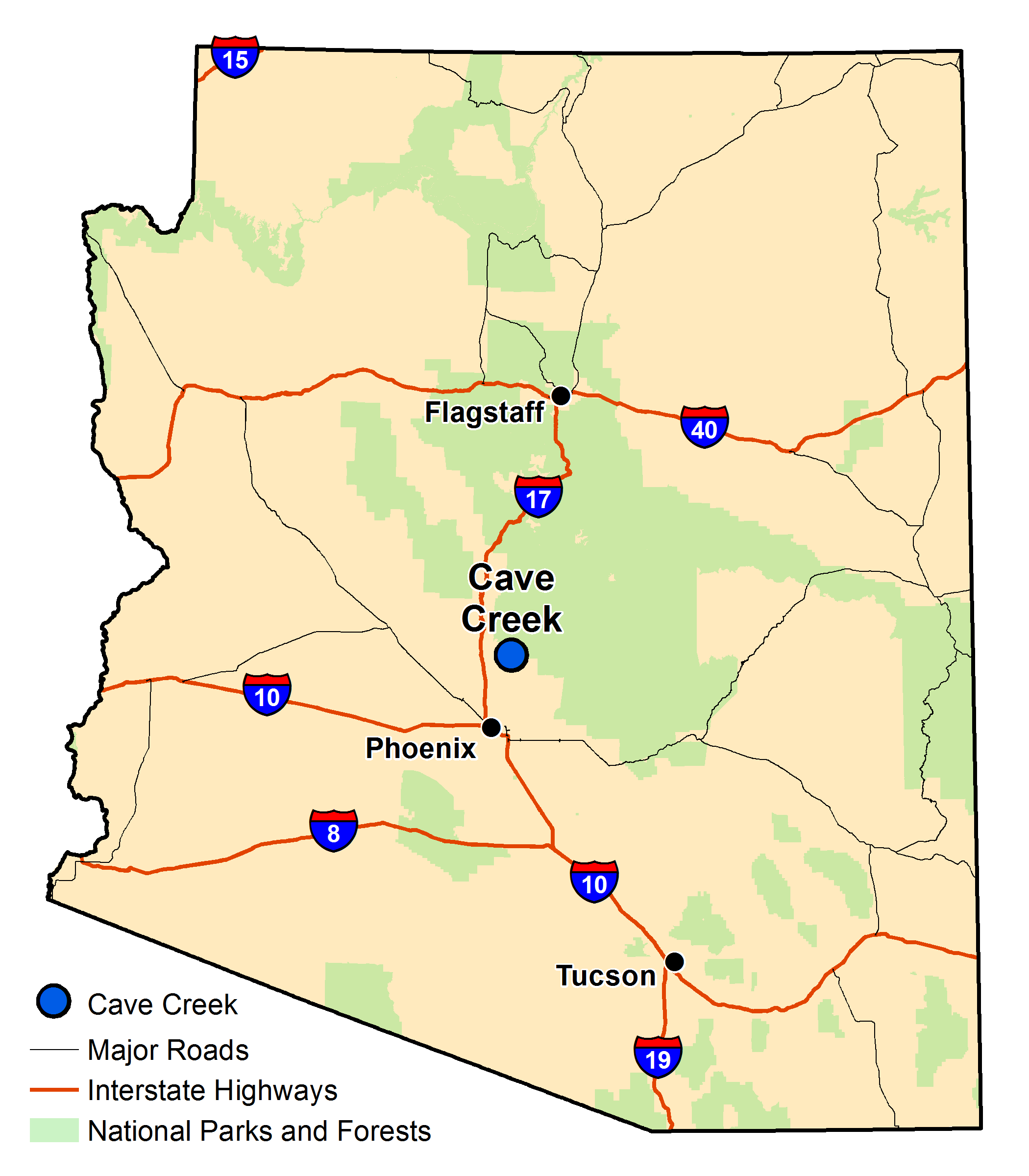 Map of Arizona with major highways and cities and the currently profiled community highlighted