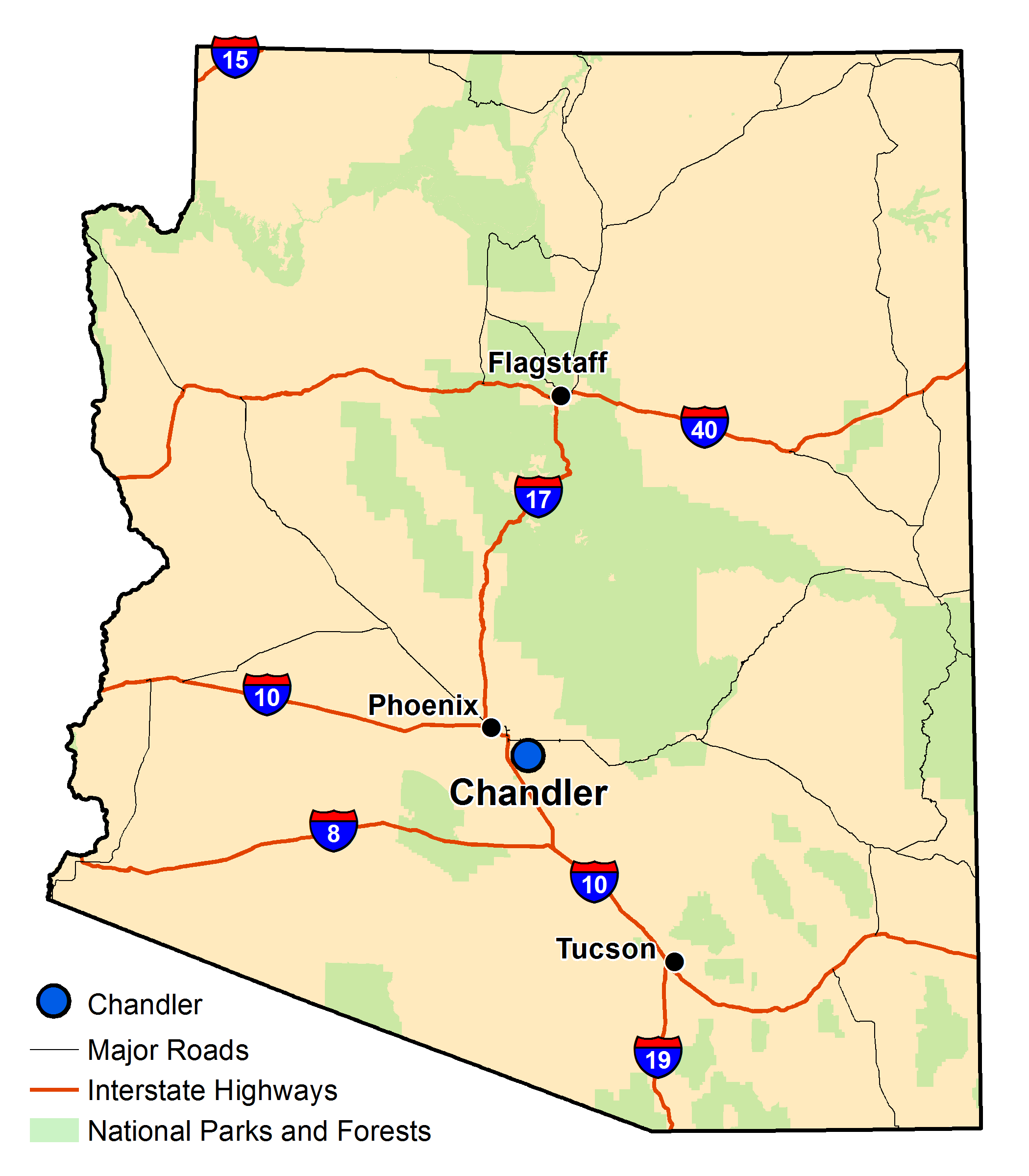 Map of Arizona with major highways and cities and the currently profiled community highlighted
