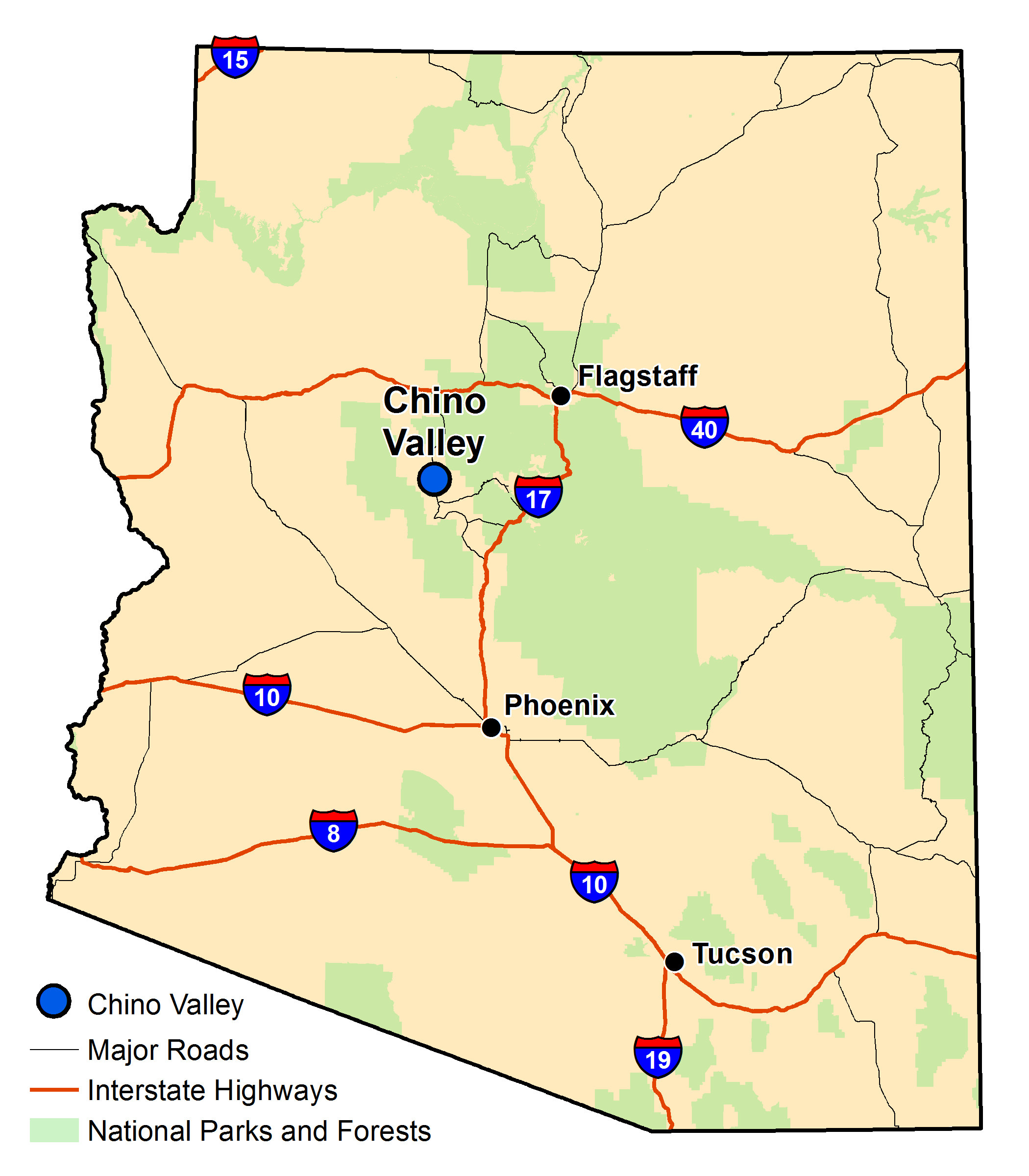 Map of Arizona with major highways and cities and the currently profiled community highlighted