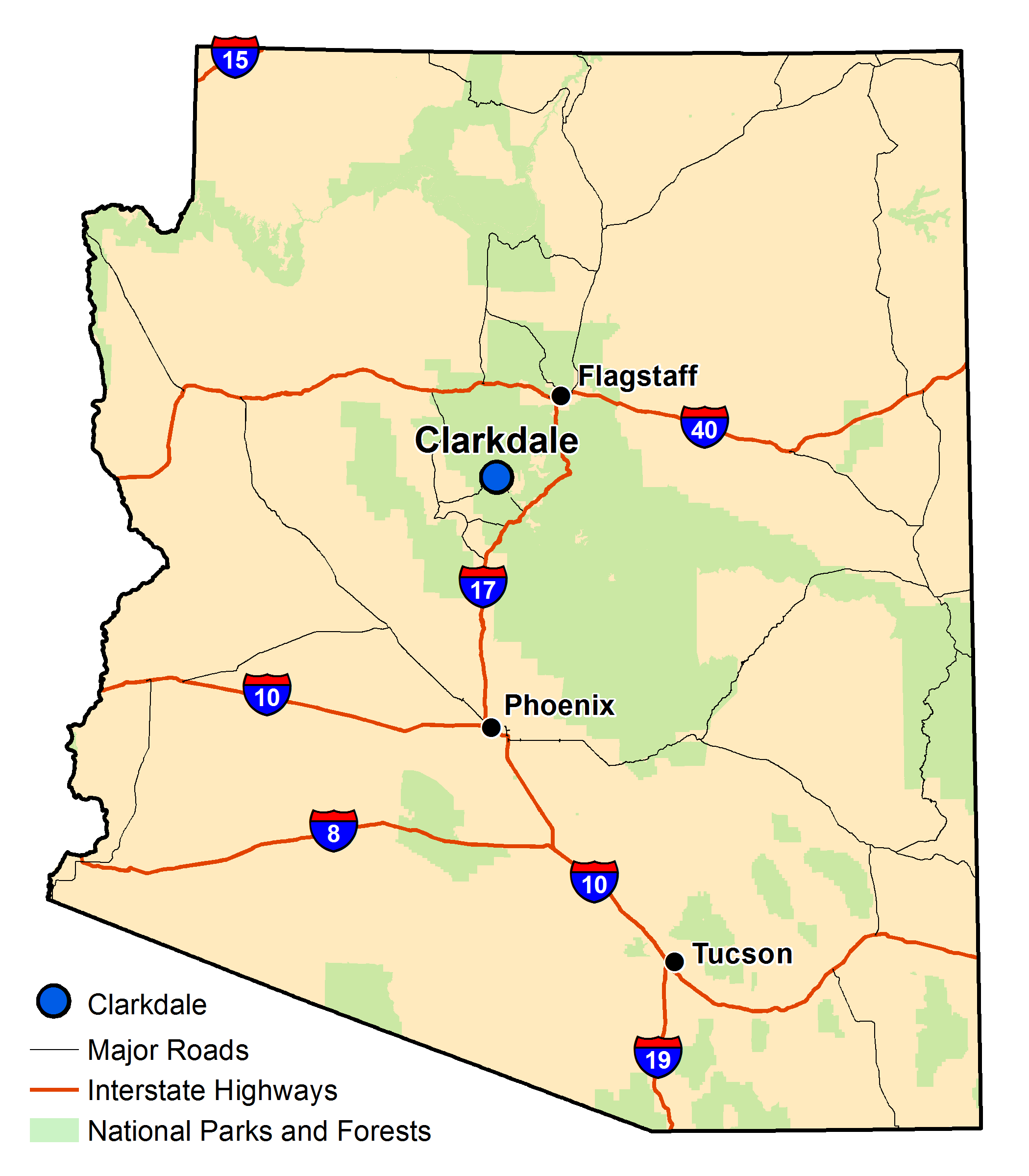Map of Arizona with major highways and cities and the currently profiled community highlighted