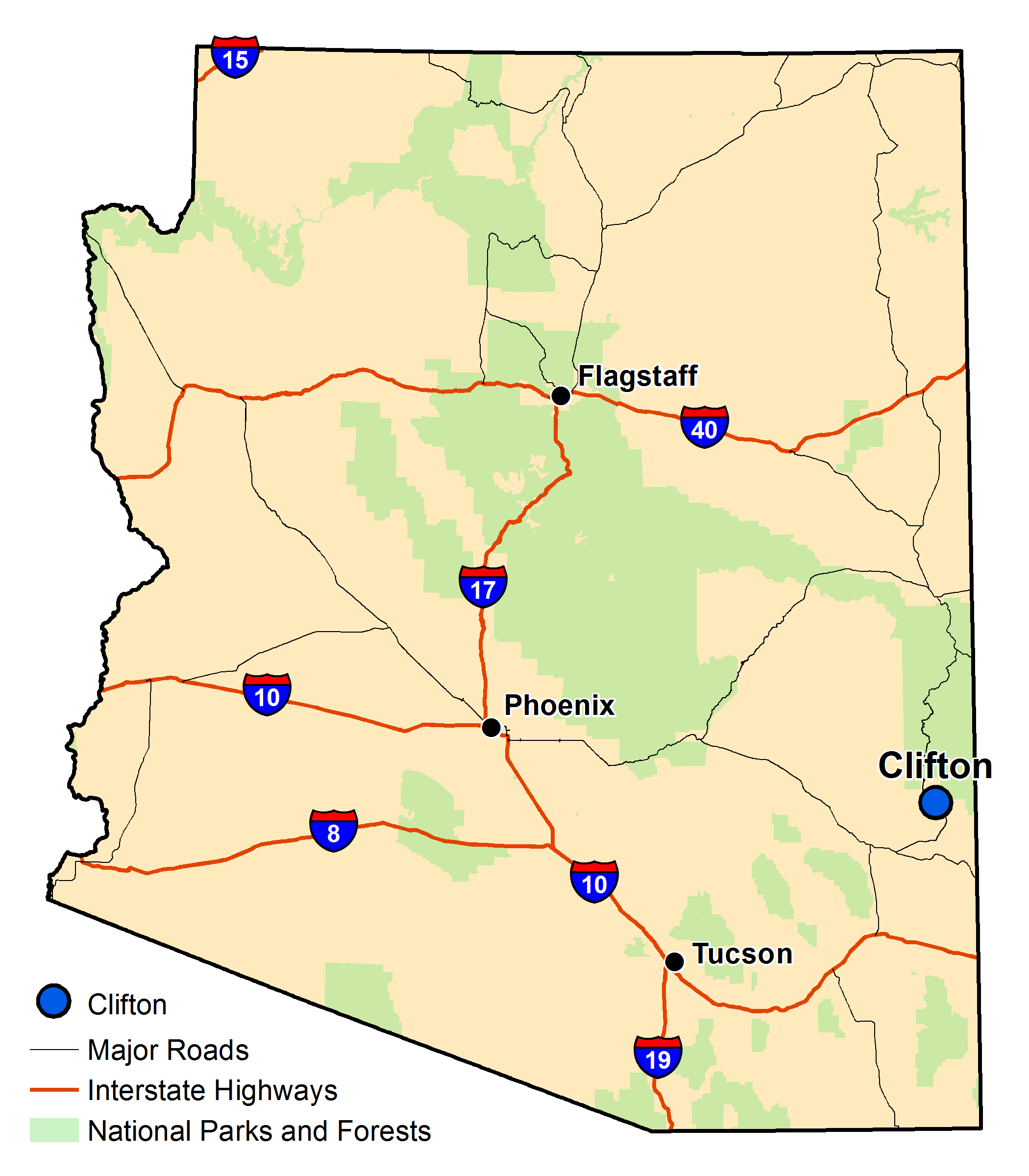 Map of Arizona with major highways and cities and the currently profiled community highlighted