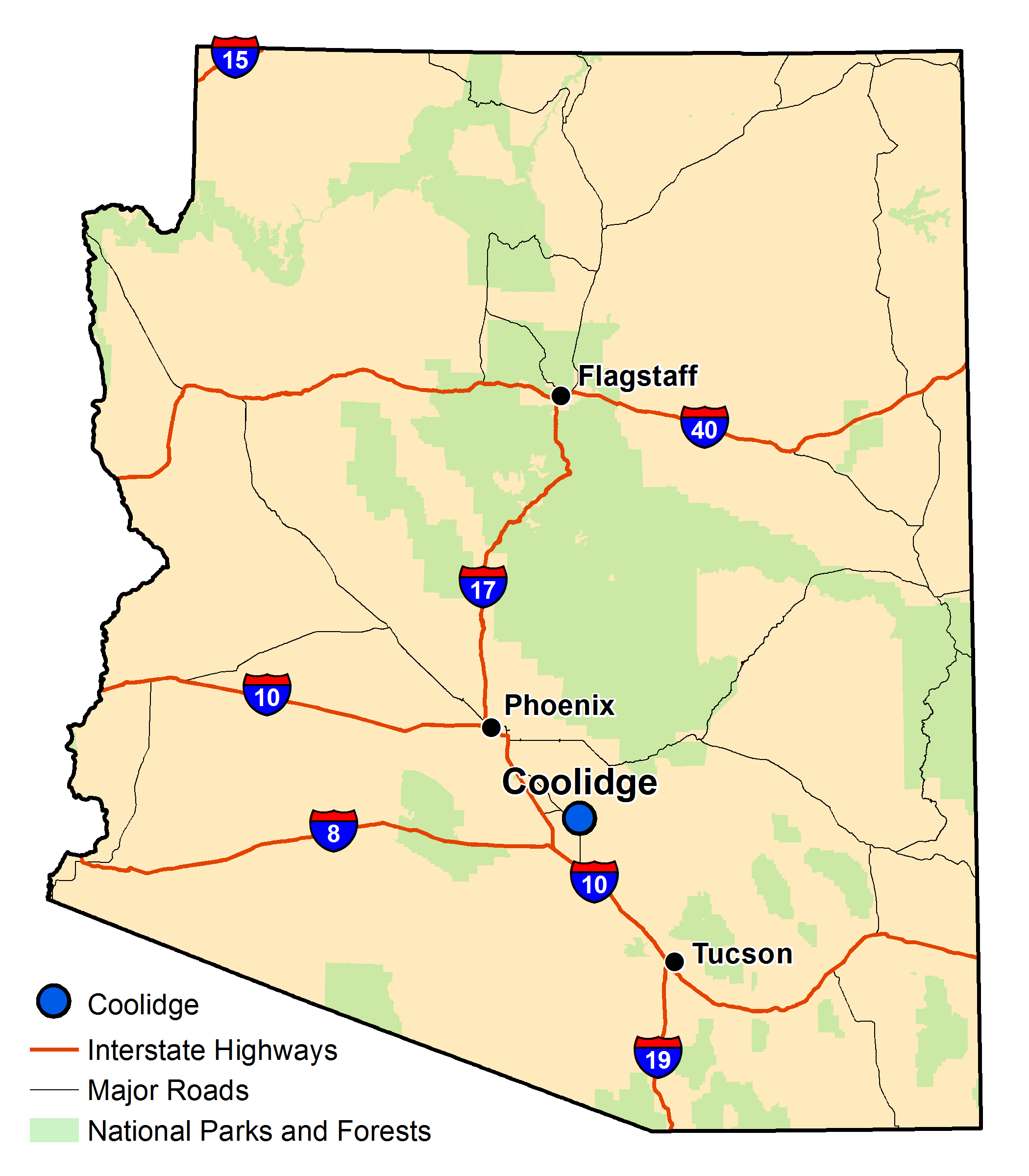Map of Arizona with major highways and cities and the currently profiled community highlighted