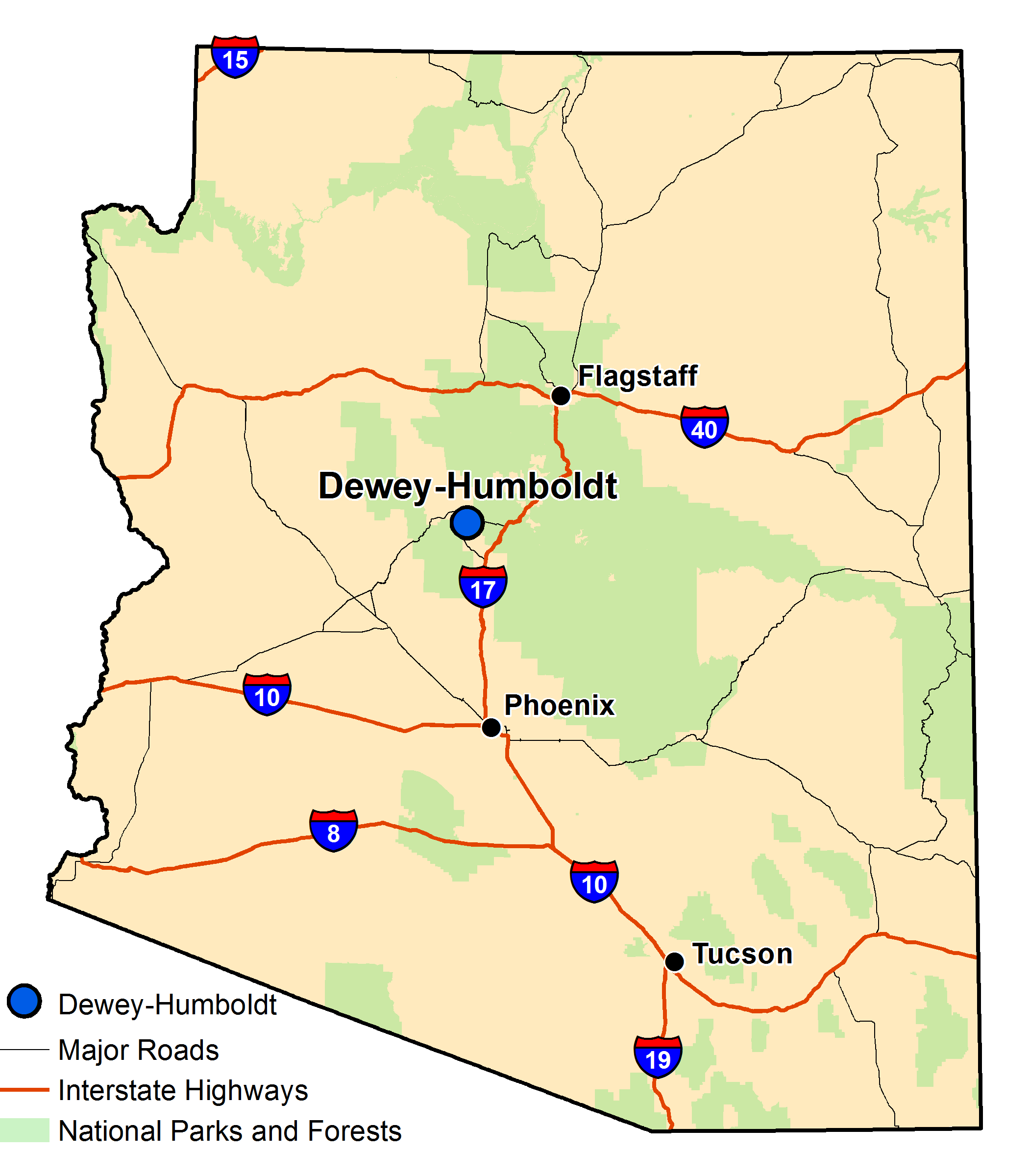 Map of Arizona with major highways and cities and the currently profiled community highlighted