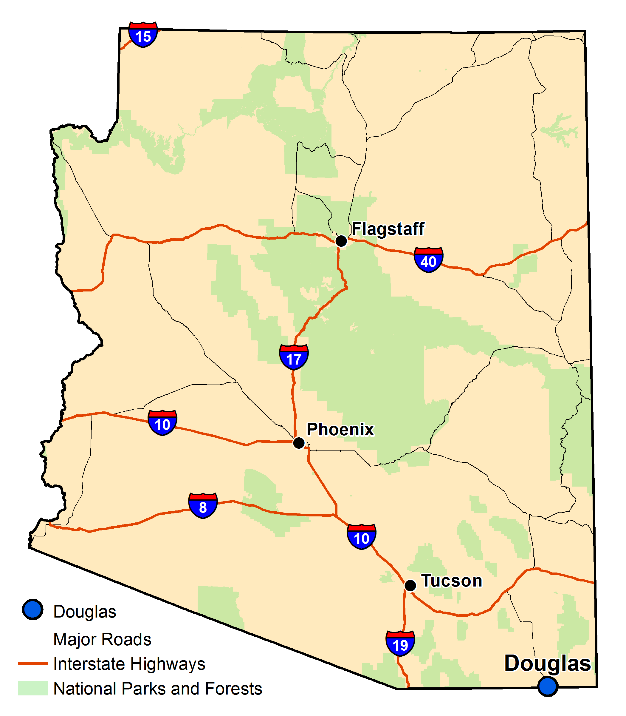 Map of Arizona with major highways and cities and the currently profiled community highlighted