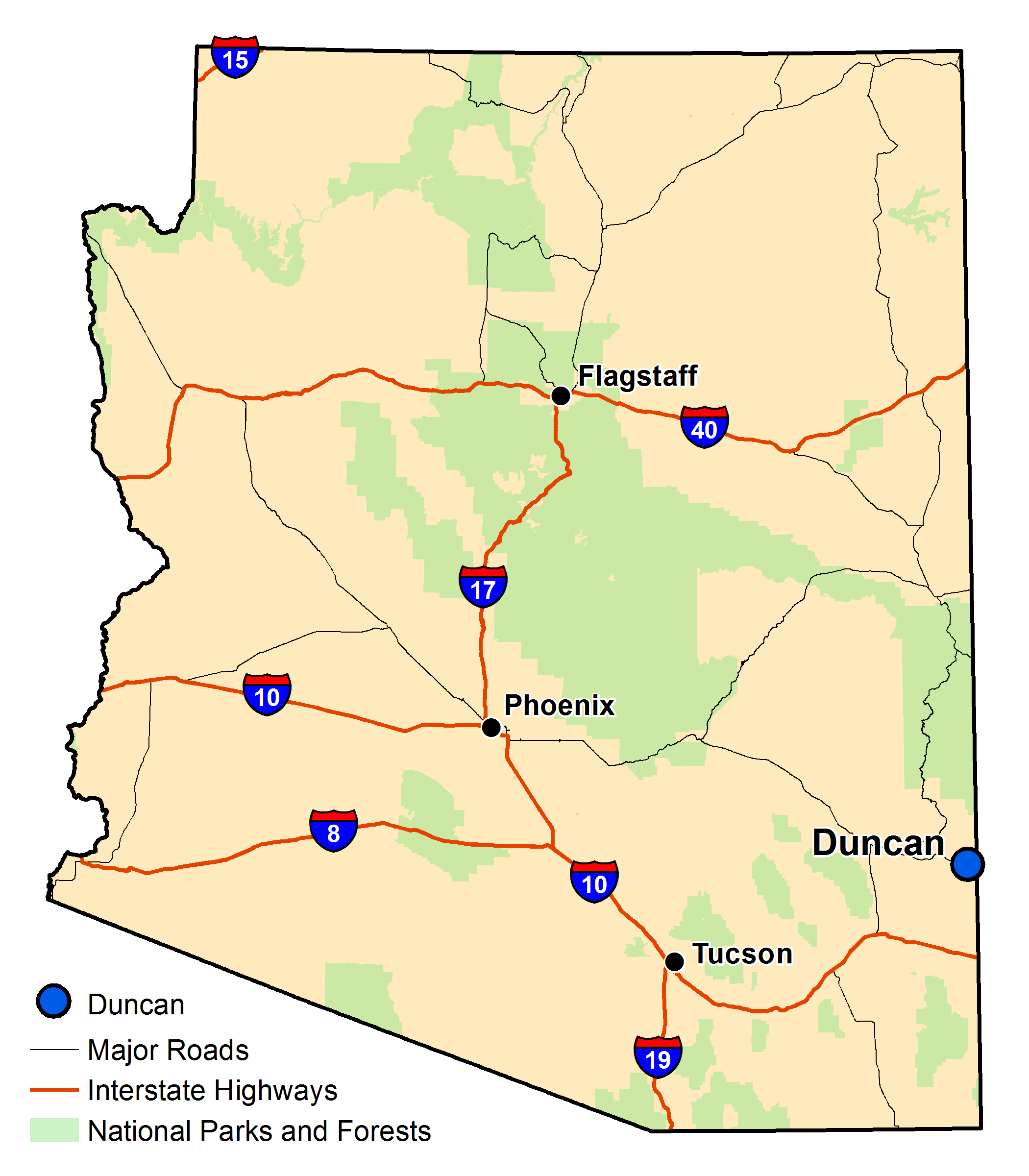 Map of Arizona with major highways and cities and the currently profiled community highlighted