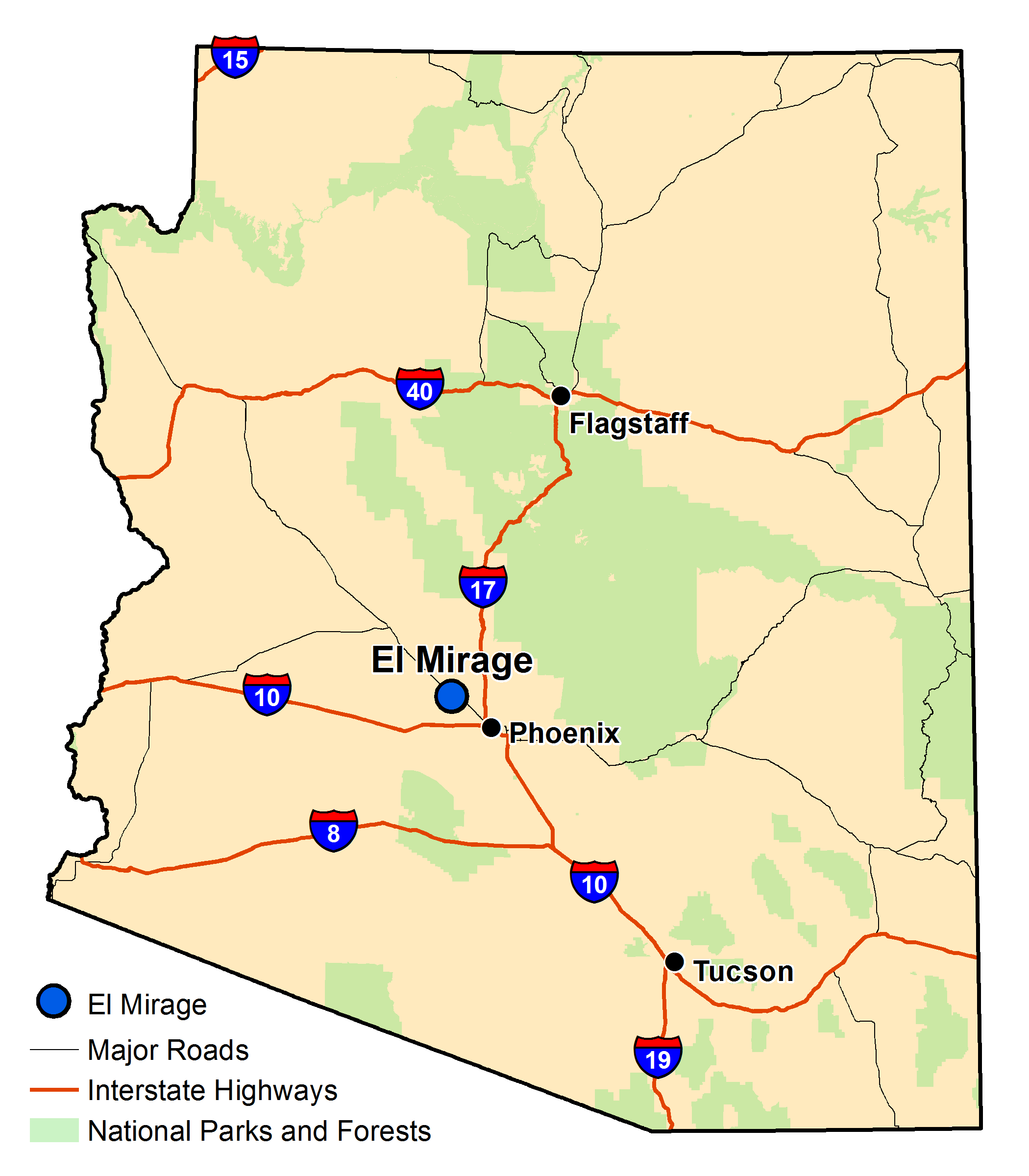 Map of Arizona with major highways and cities and the currently profiled community highlighted