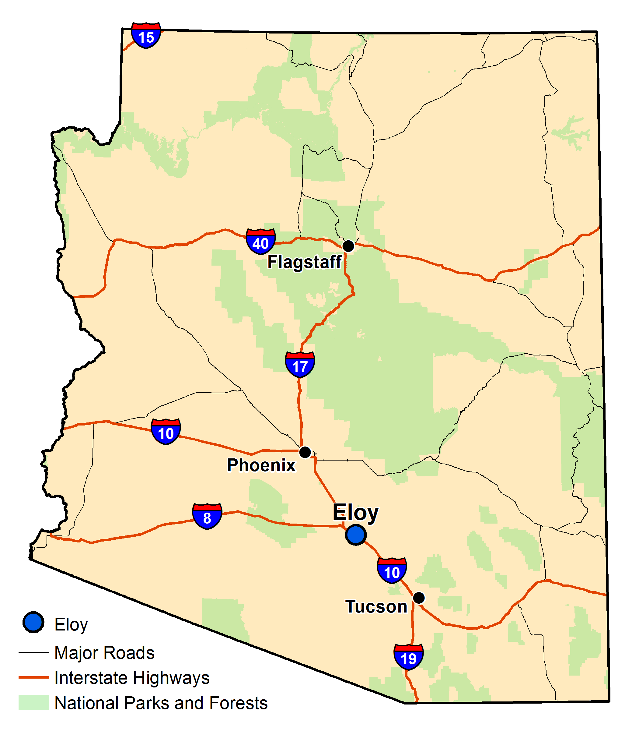 Map of Arizona with major highways and cities and the currently profiled community highlighted
