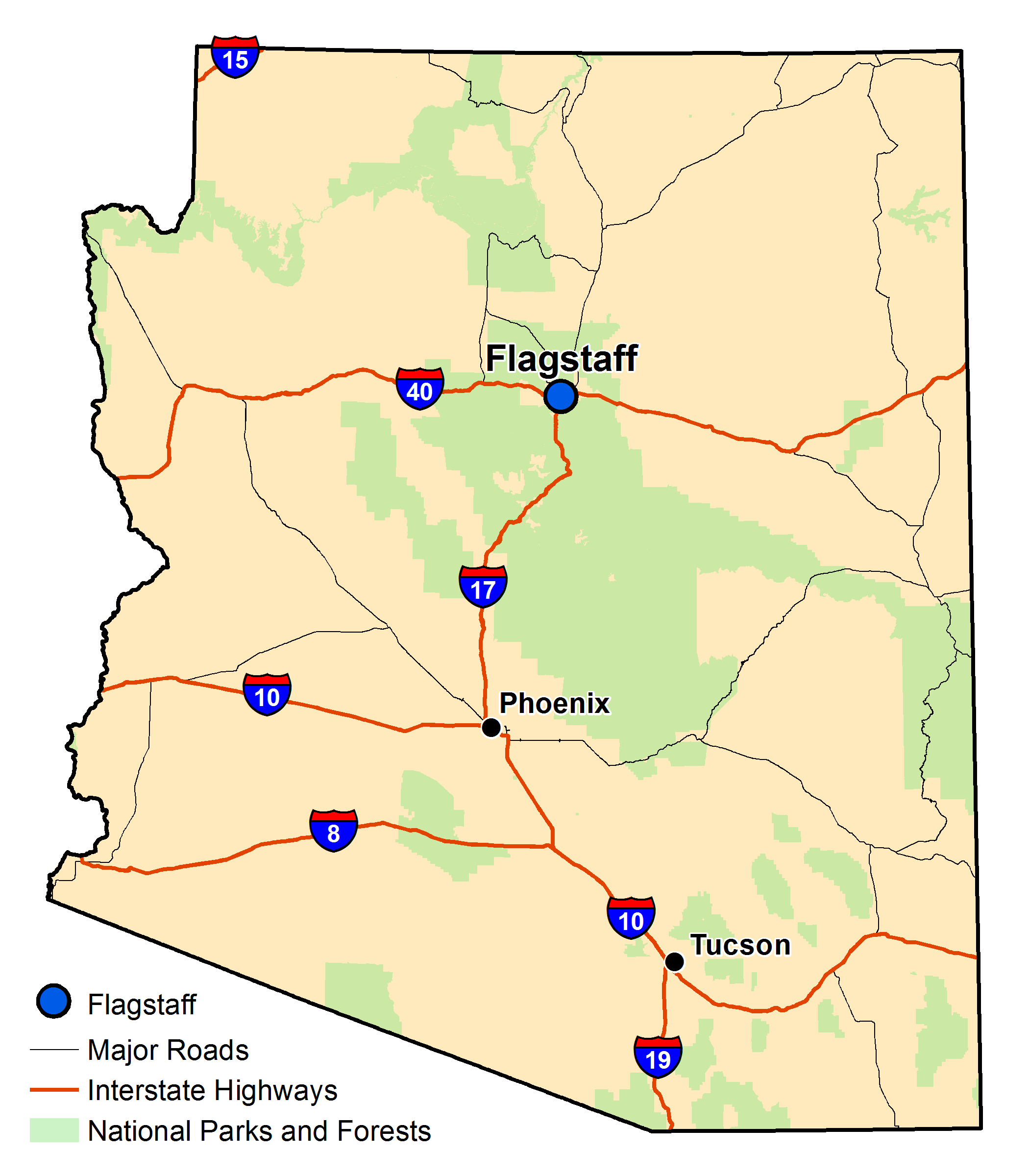Map of Arizona with major highways and cities and the currently profiled community highlighted