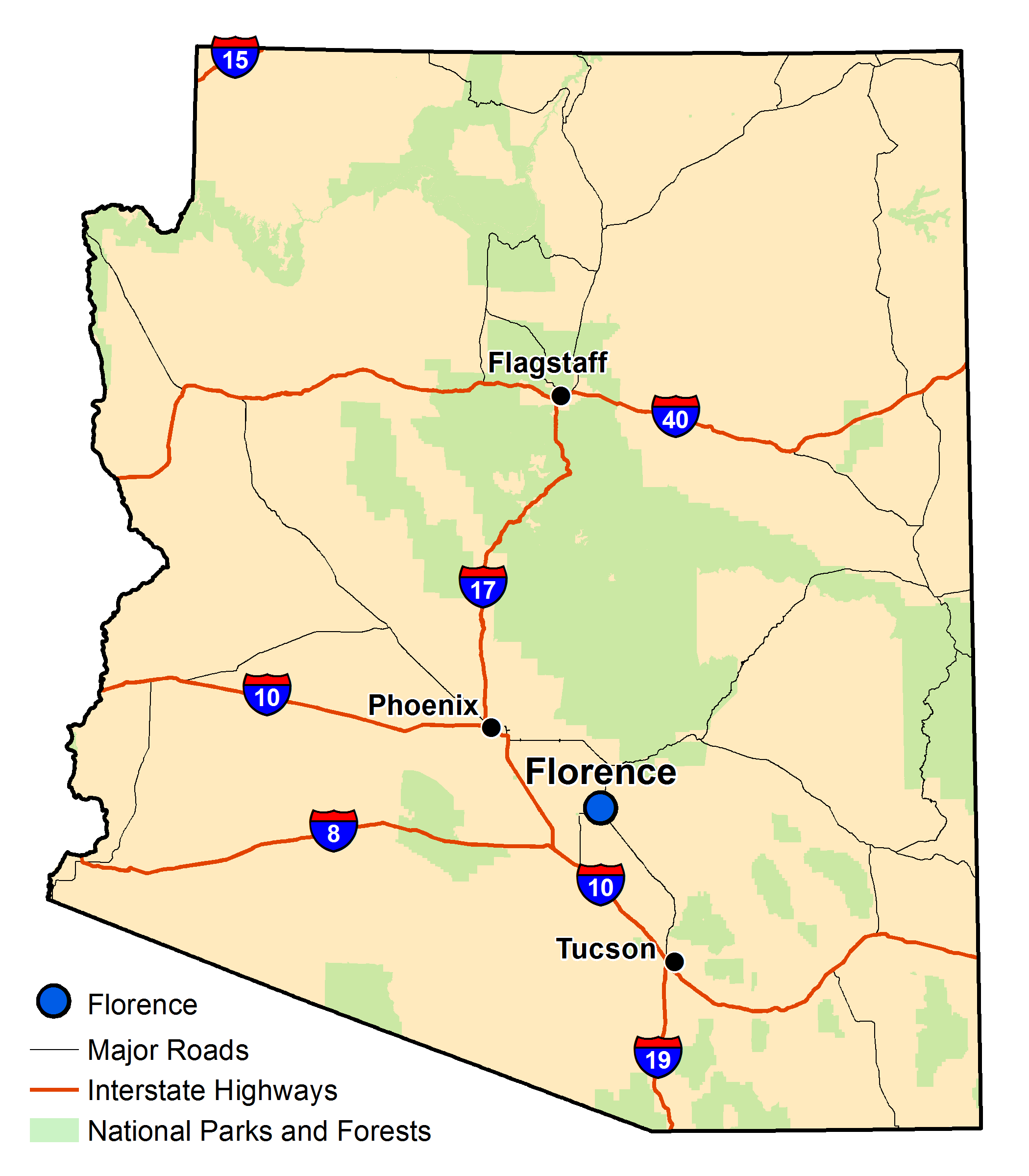 Map of Arizona with major highways and cities and the currently profiled community highlighted