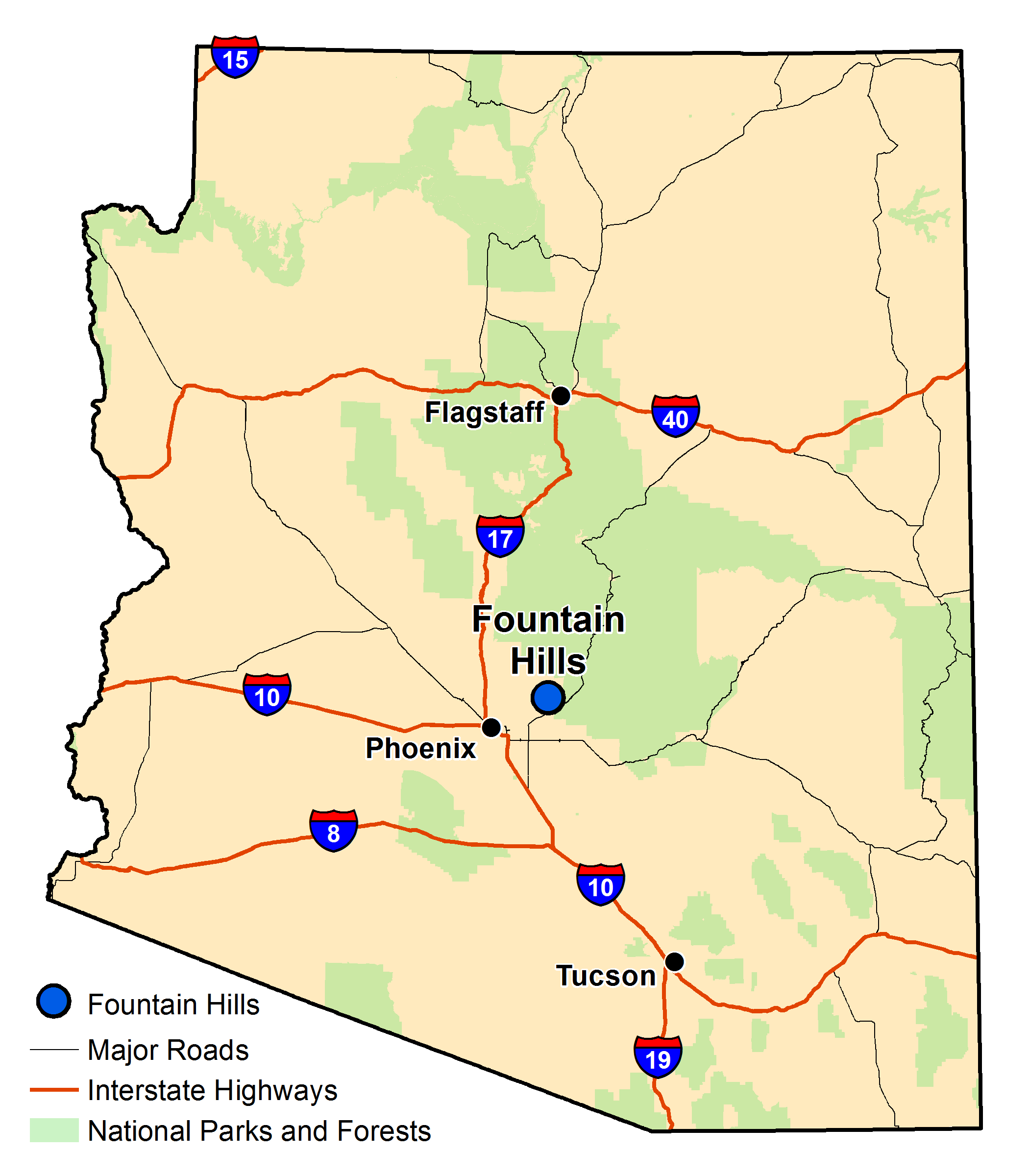 Map of Arizona with major highways and cities and the currently profiled community highlighted