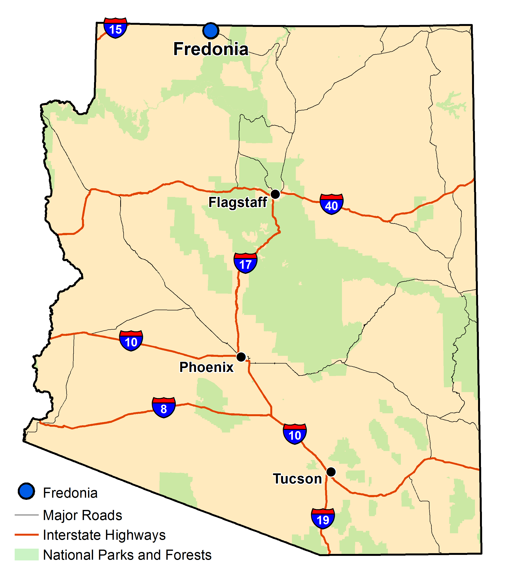 Map of Arizona with major highways and cities and the currently profiled community highlighted