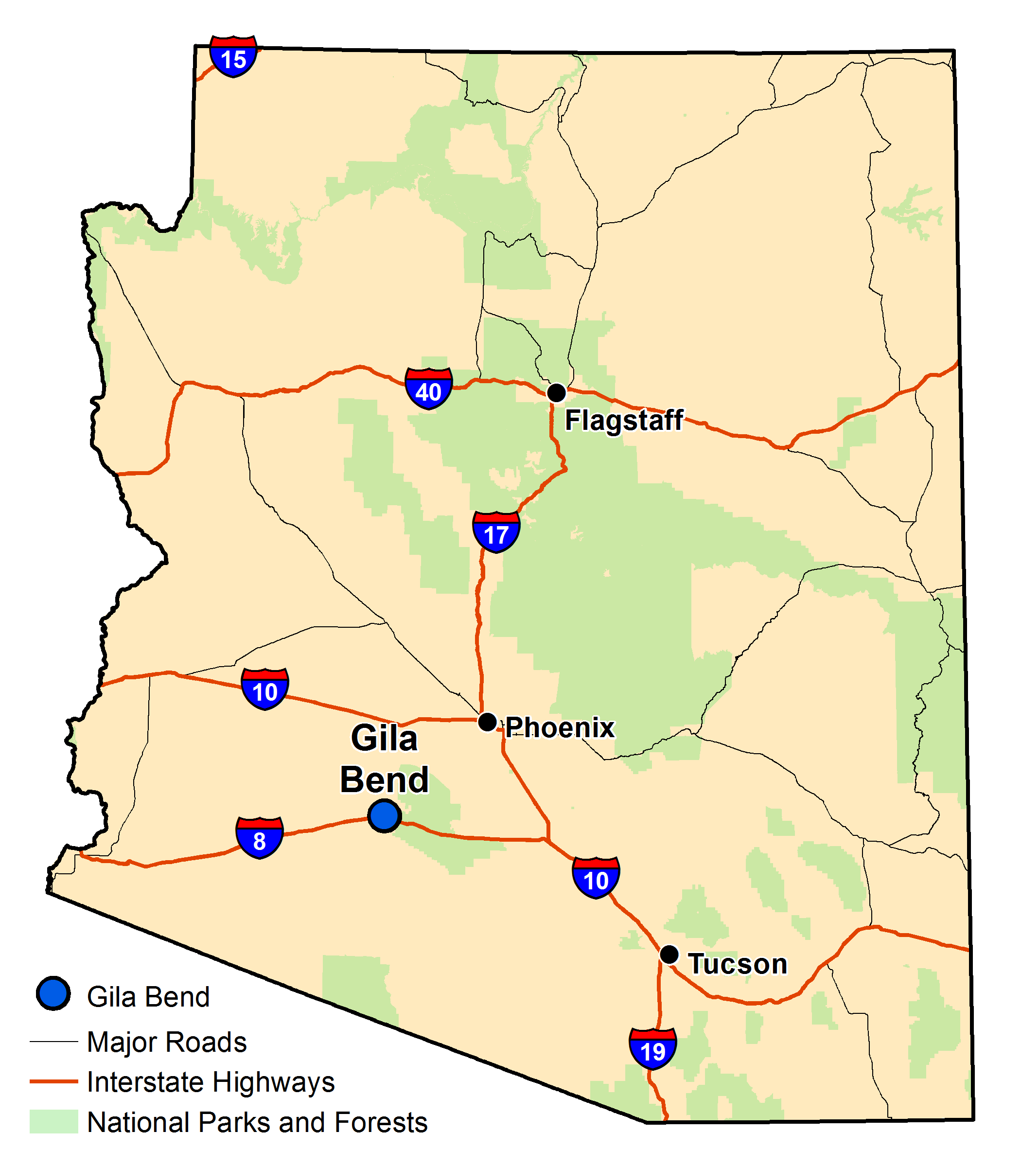 Map of Arizona with major highways and cities and the currently profiled community highlighted