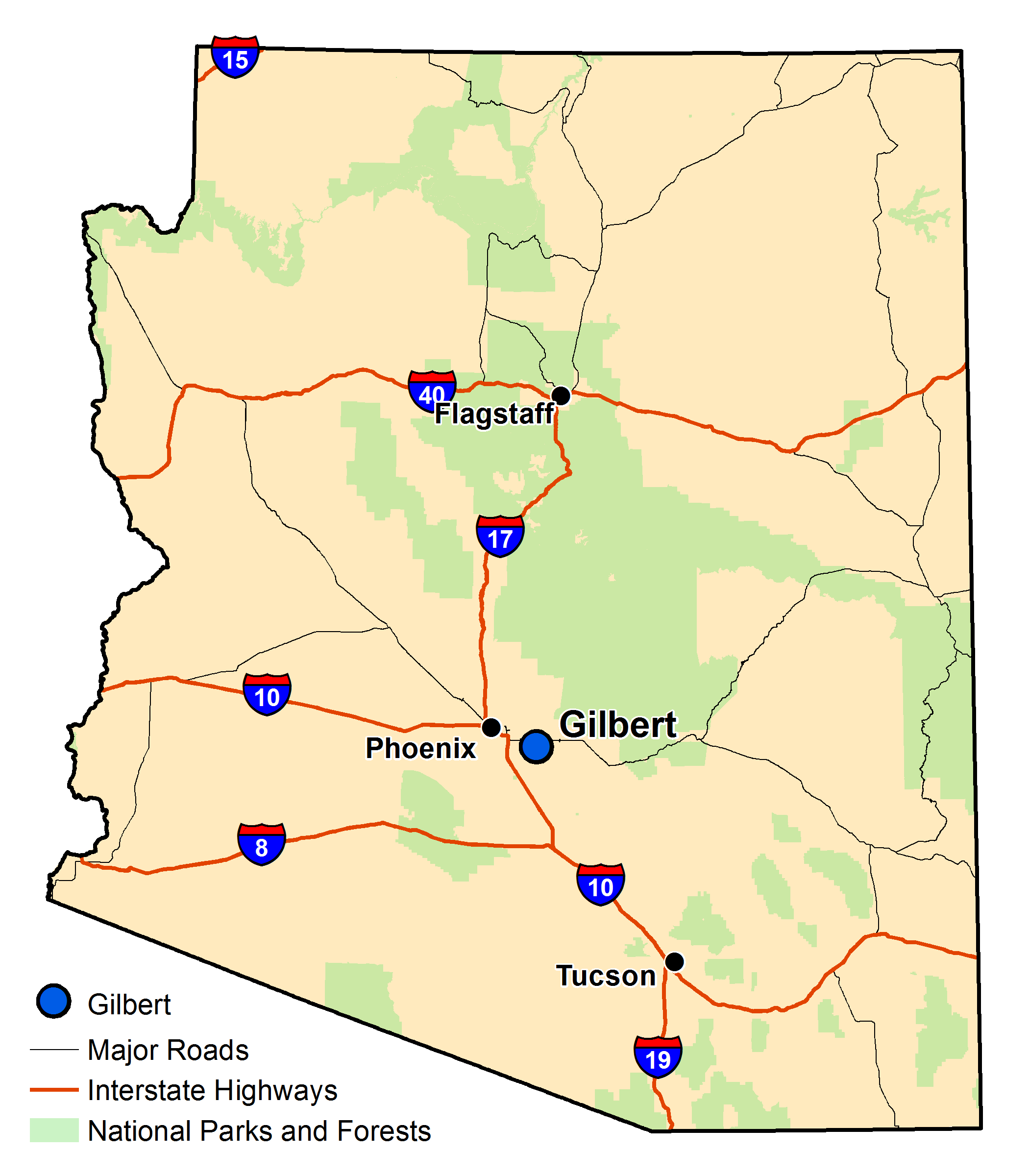 Map of Arizona with major highways and cities and the currently profiled community highlighted