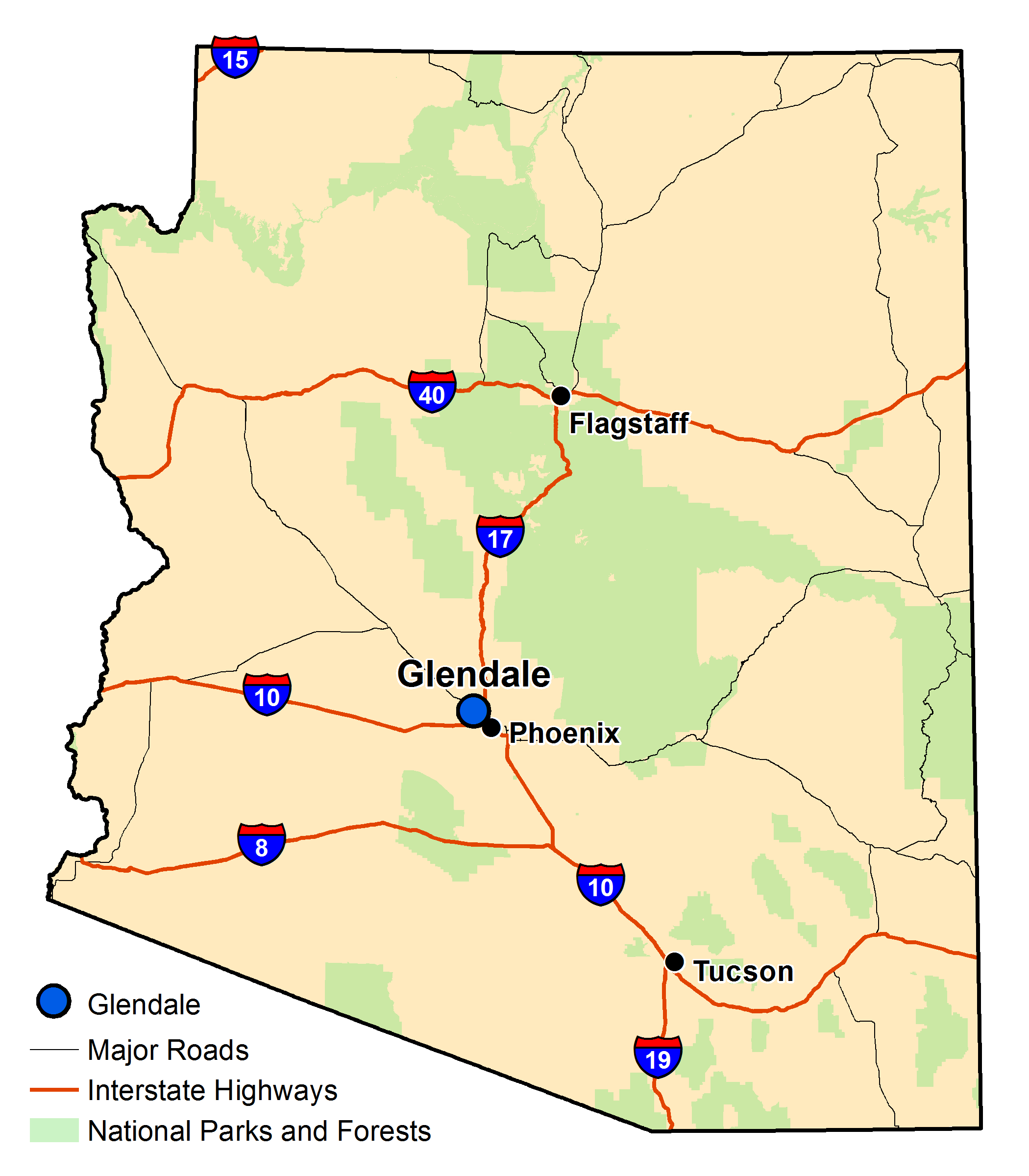 Map of Arizona with major highways and cities and the currently profiled community highlighted