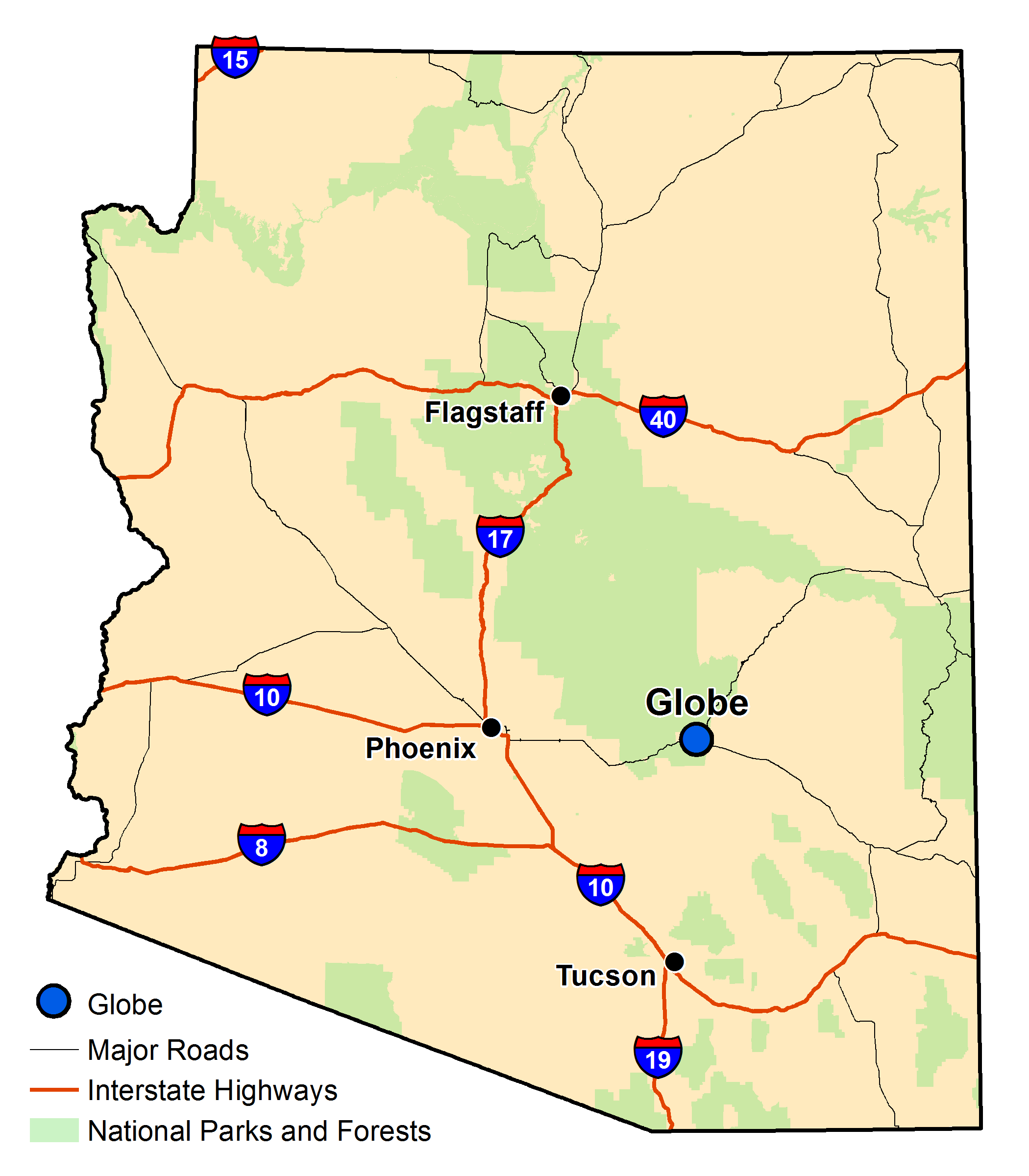 Map of Arizona with major highways and cities and the currently profiled community highlighted