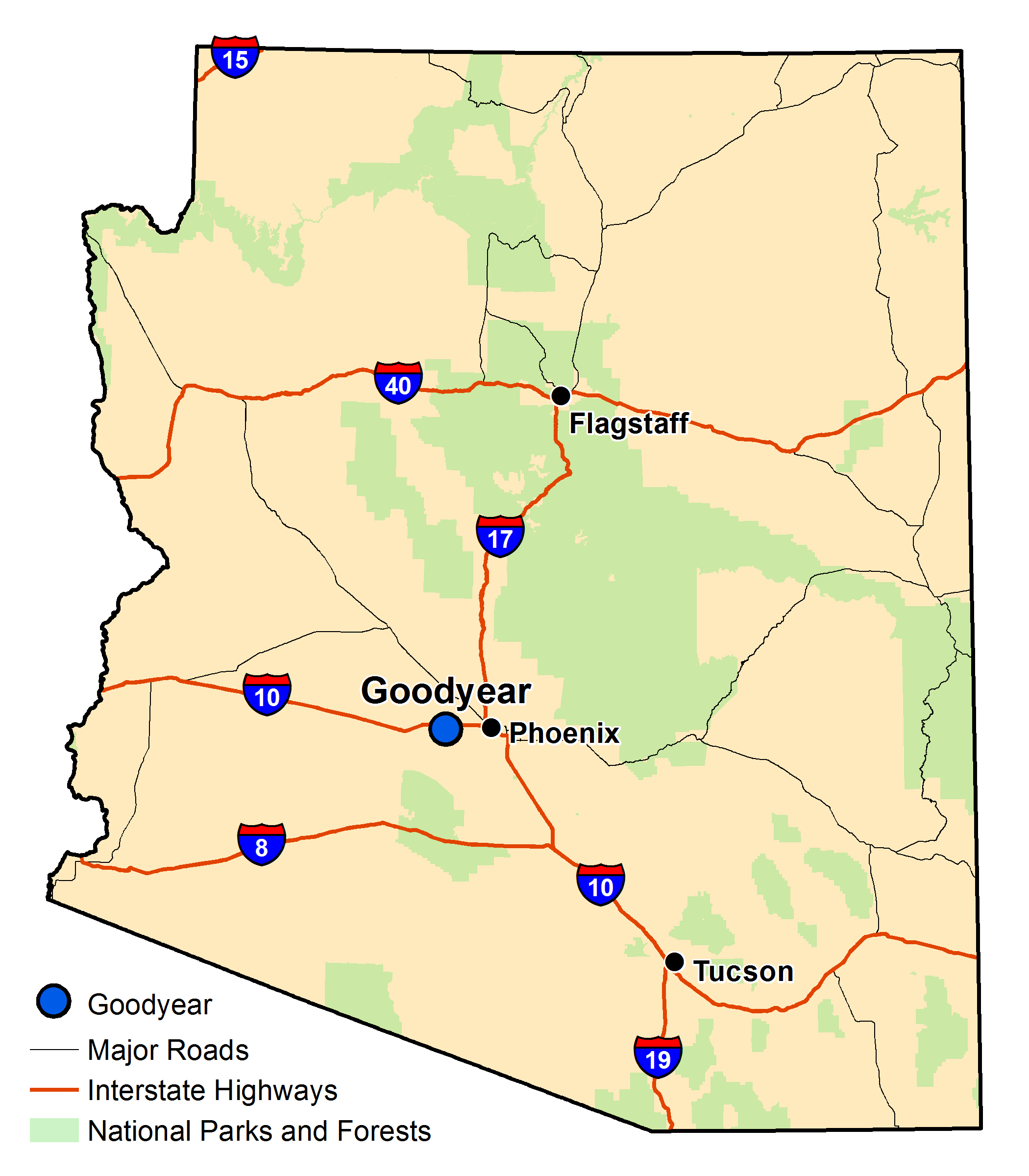 Map of Arizona with major highways and cities and the currently profiled community highlighted