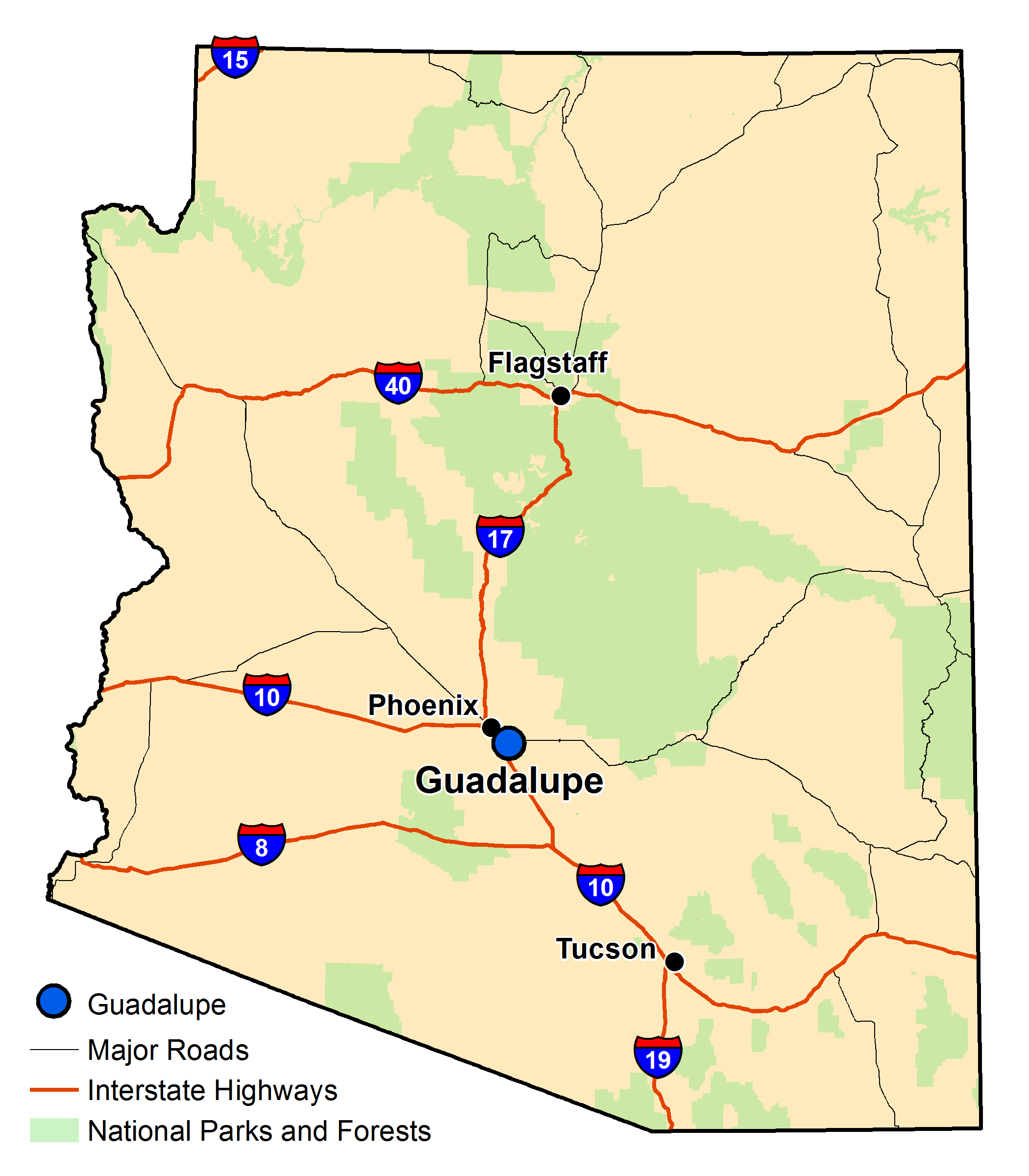 Map of Arizona with major highways and cities and the currently profiled community highlighted