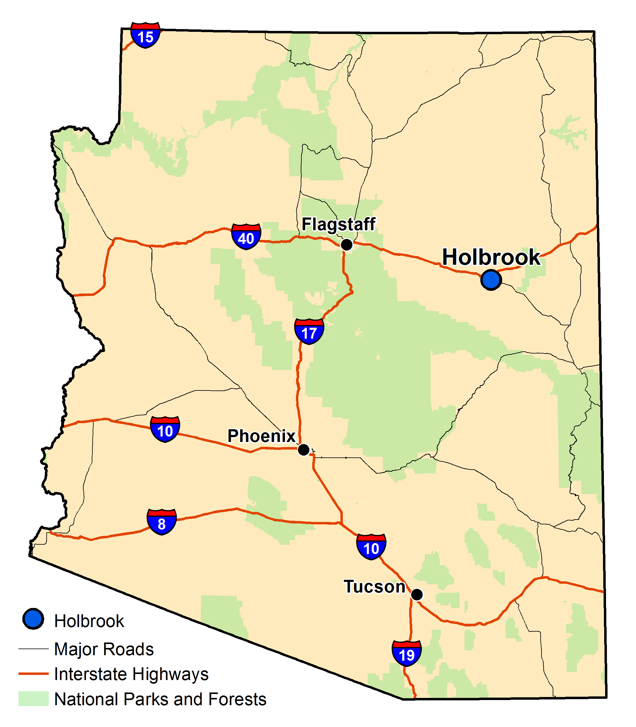 Map of Arizona with major highways and cities and the currently profiled community highlighted