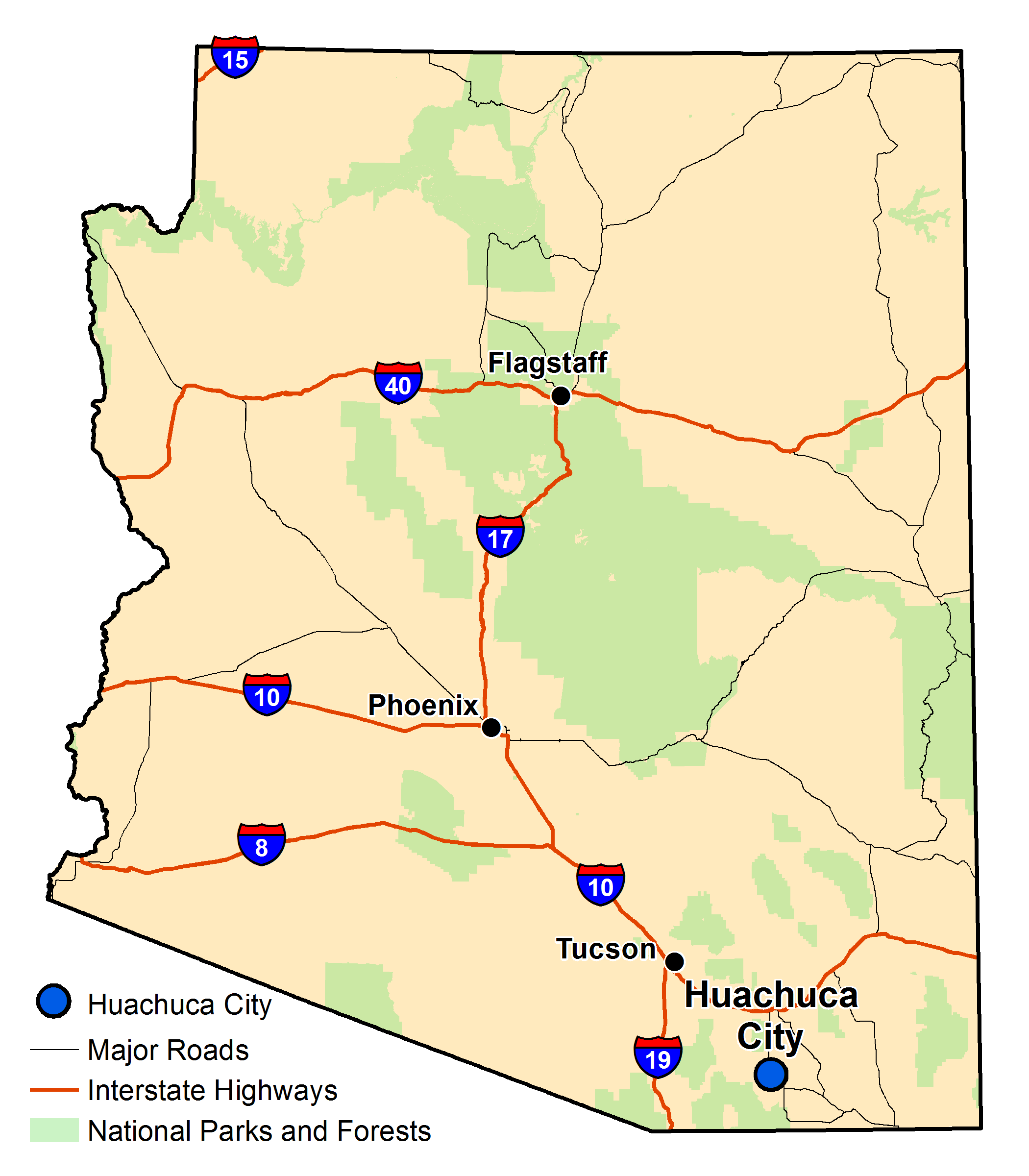 Map of Arizona with major highways and cities and the currently profiled community highlighted