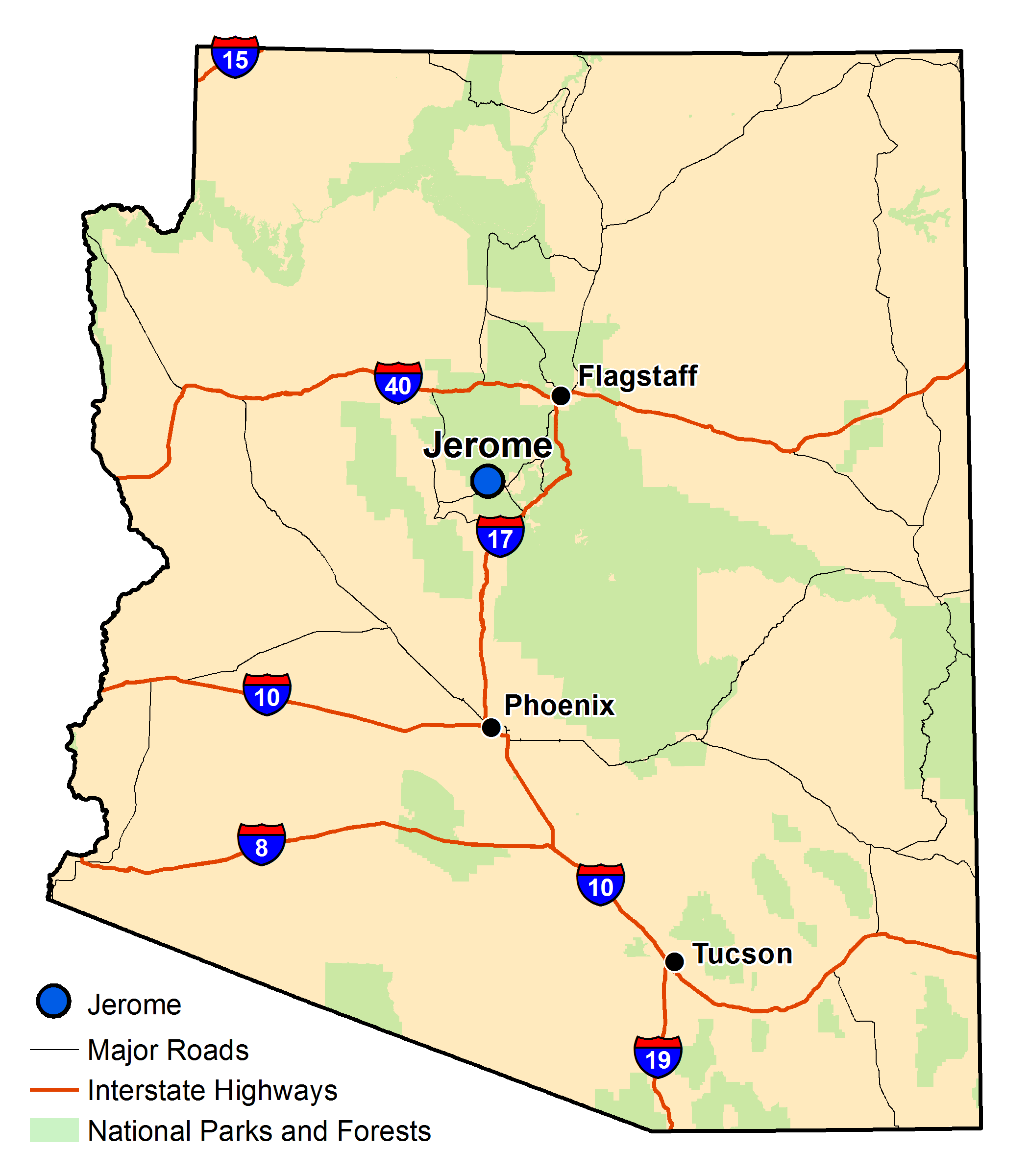 Map of Arizona with major highways and cities and the currently profiled community highlighted