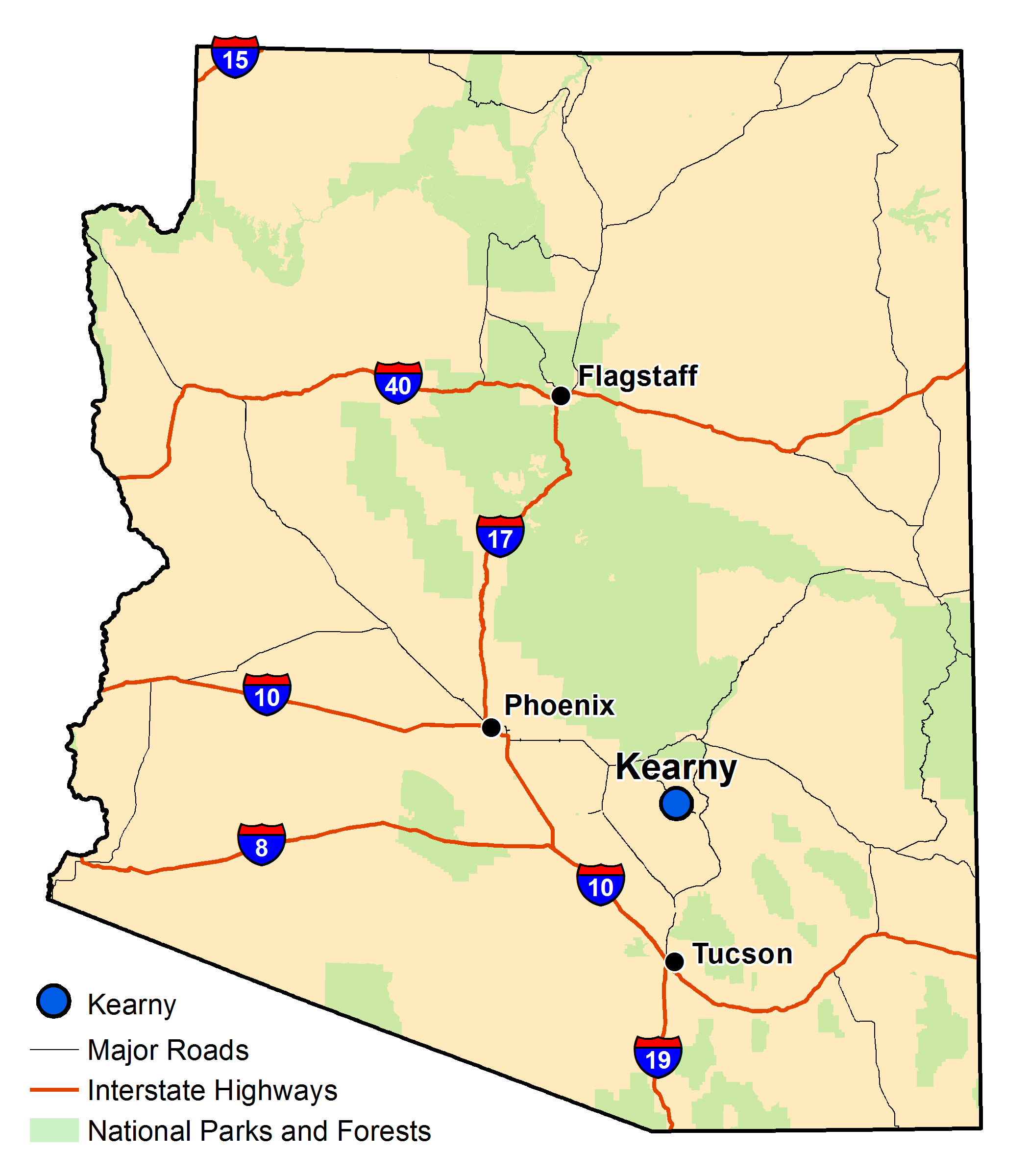 Map of Arizona with major highways and cities and the currently profiled community highlighted