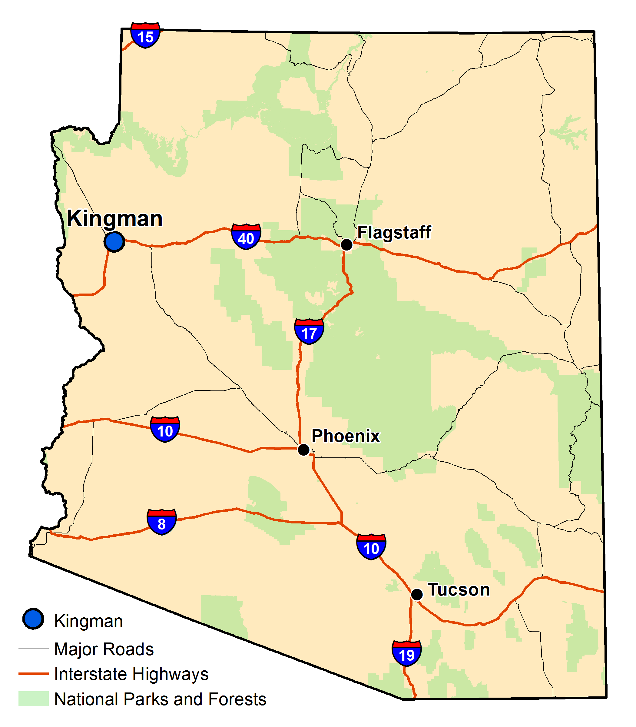 Map of Arizona with major highways and cities and the currently profiled community highlighted