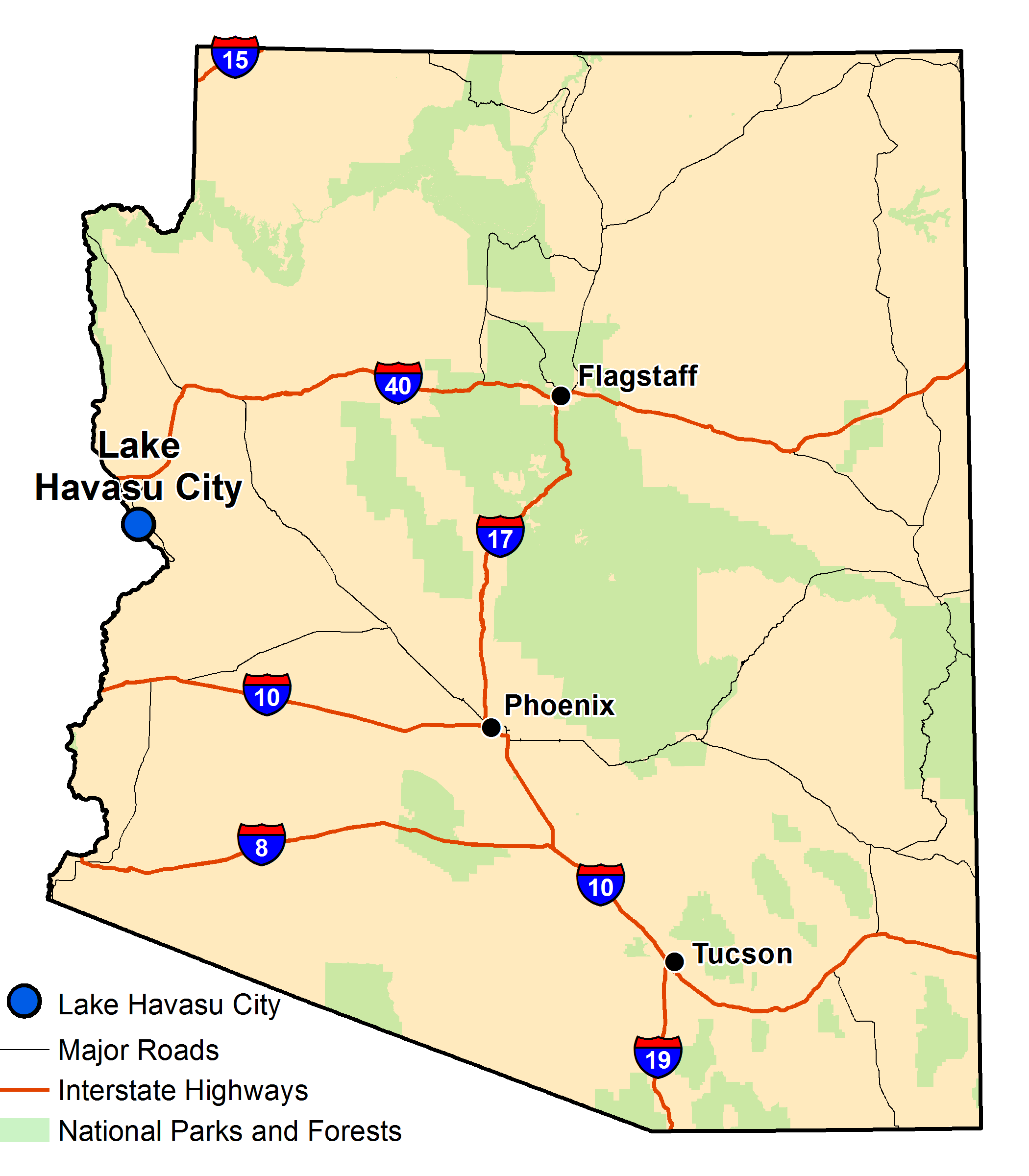Map of Arizona with major highways and cities and the currently profiled community highlighted