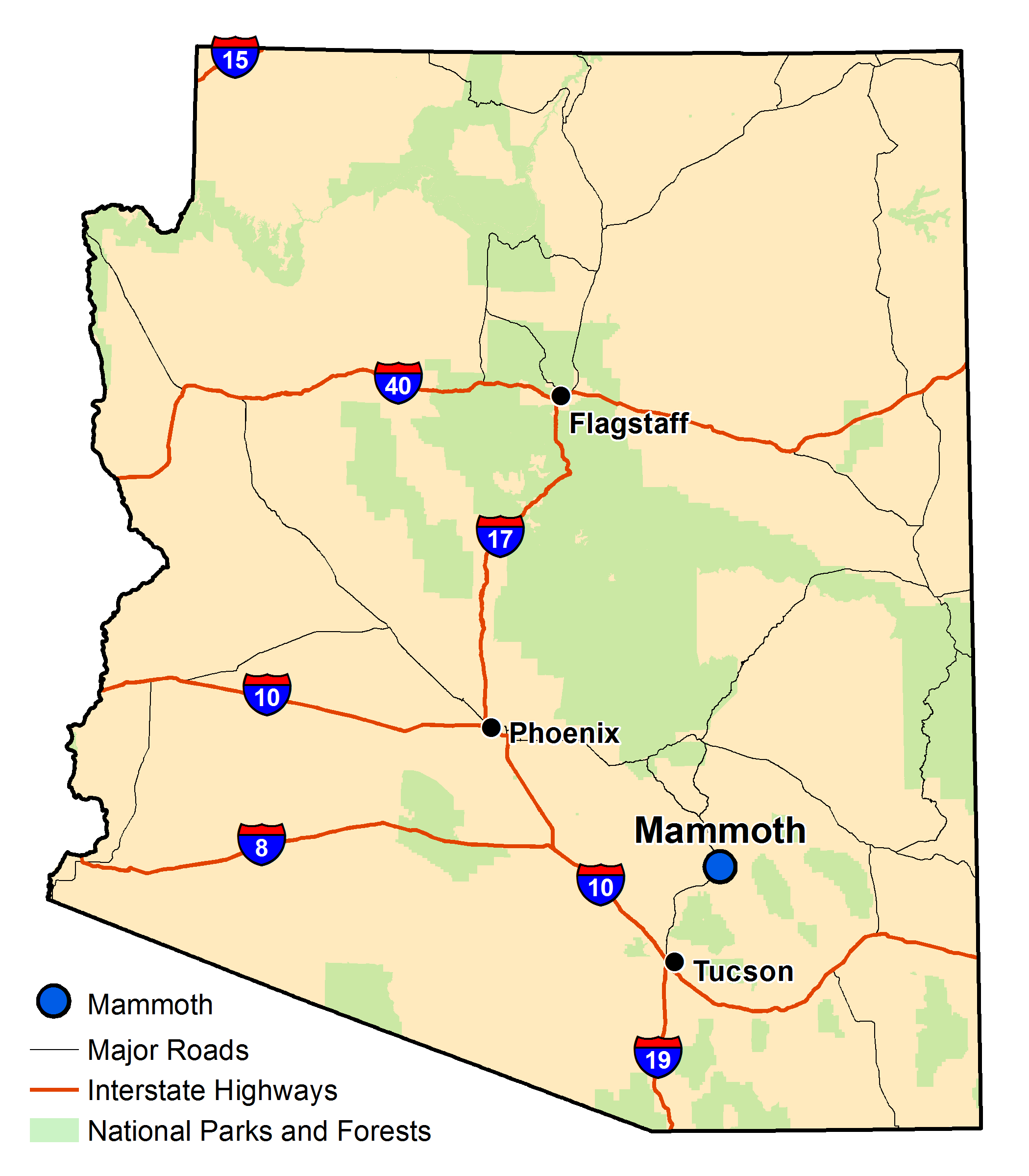 Map of Arizona with major highways and cities and the currently profiled community highlighted