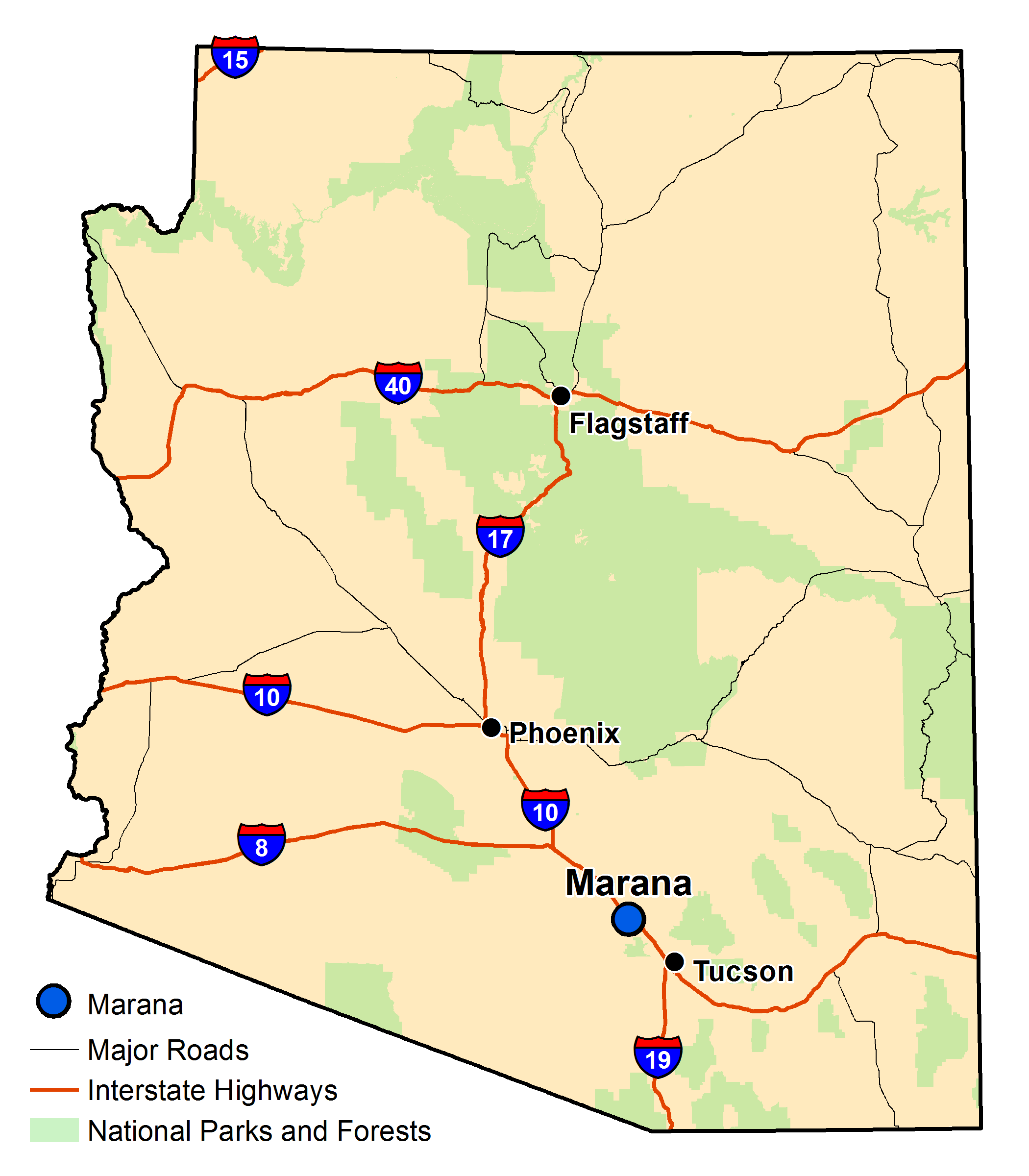 Map of Arizona with major highways and cities and the currently profiled community highlighted