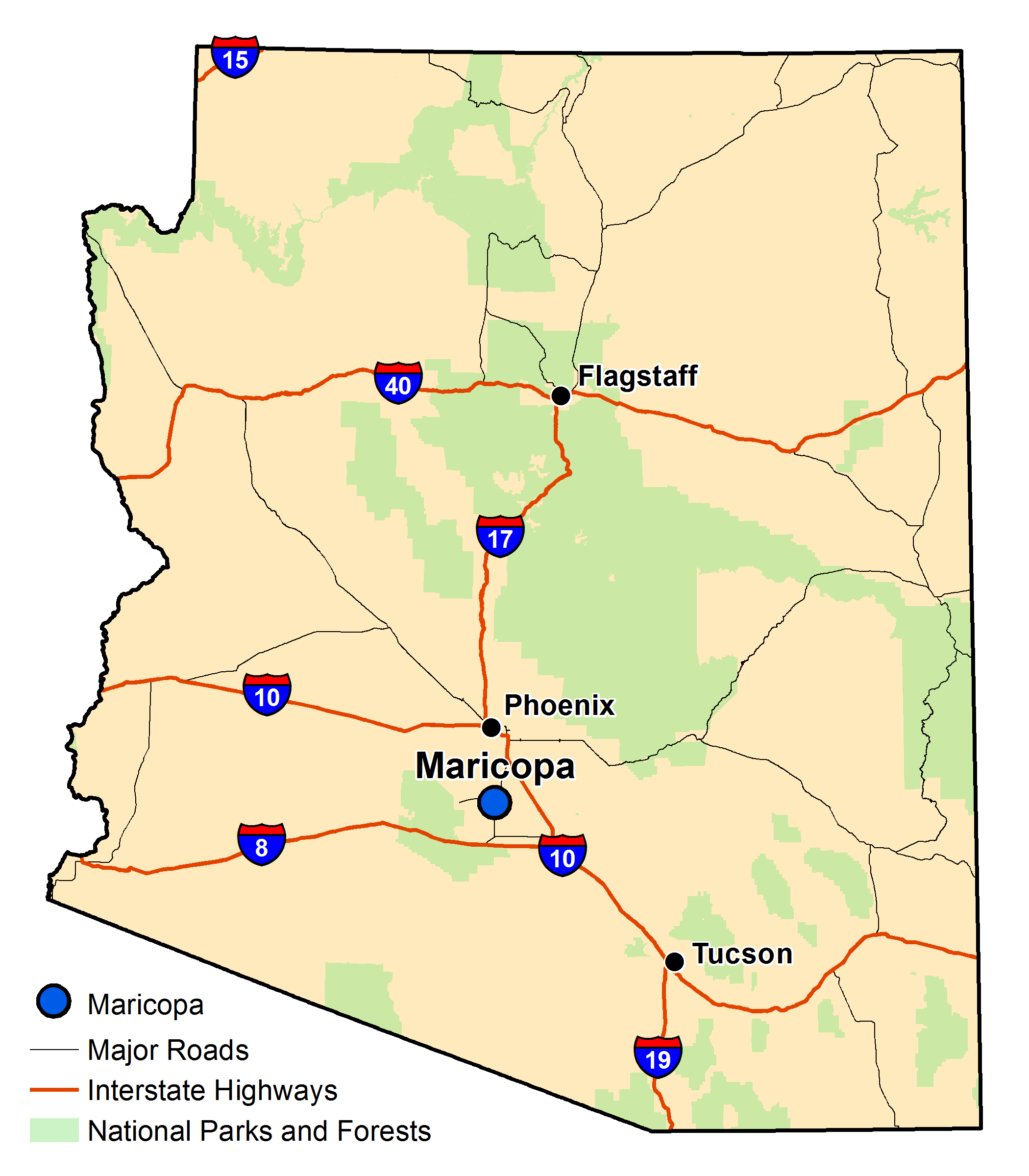 Map of Arizona with major highways and cities and the currently profiled community highlighted