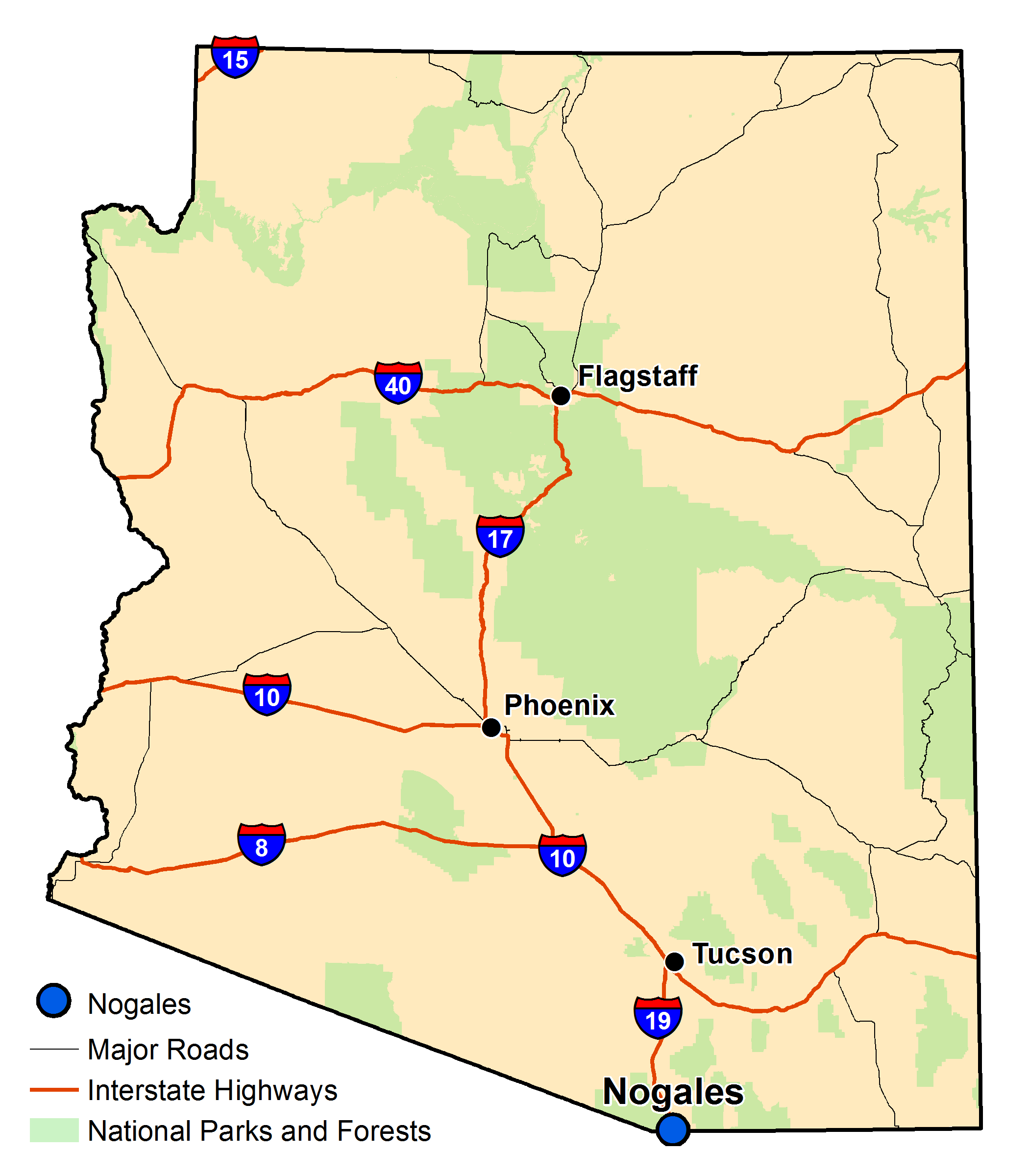Map of Arizona with major highways and cities and the currently profiled community highlighted