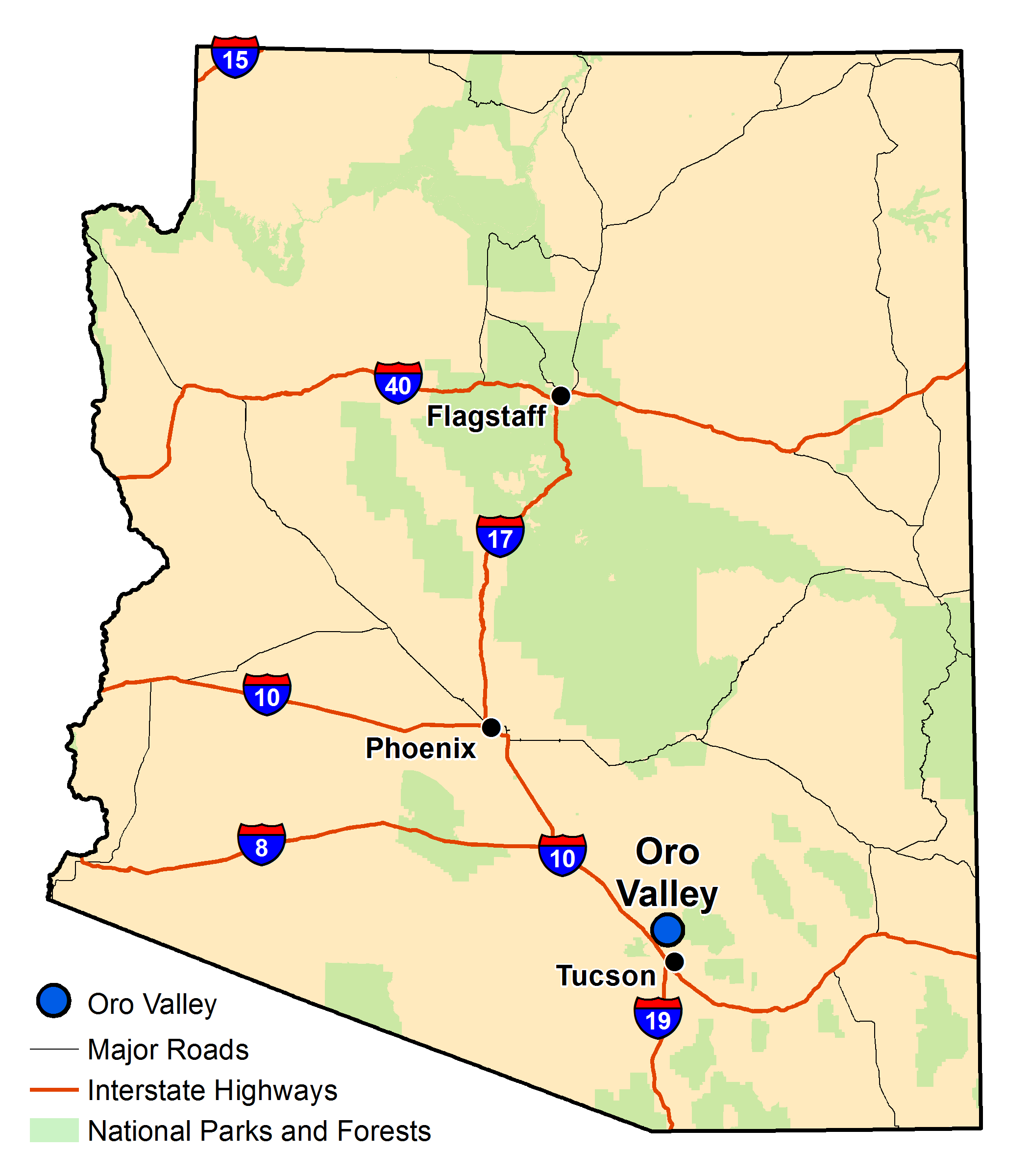 Map of Arizona with major highways and cities and the currently profiled community highlighted