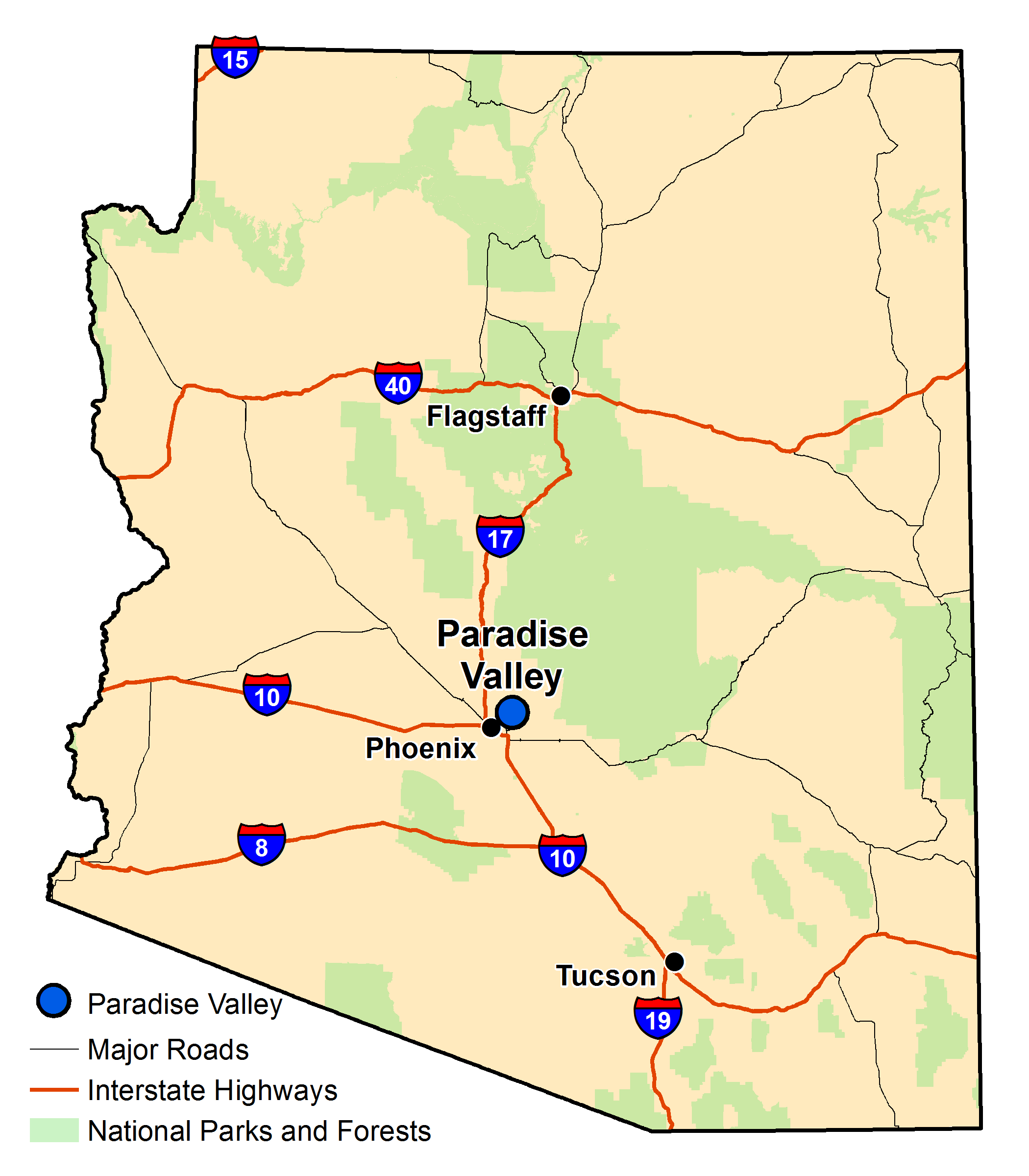 Map of Arizona with major highways and cities and the currently profiled community highlighted