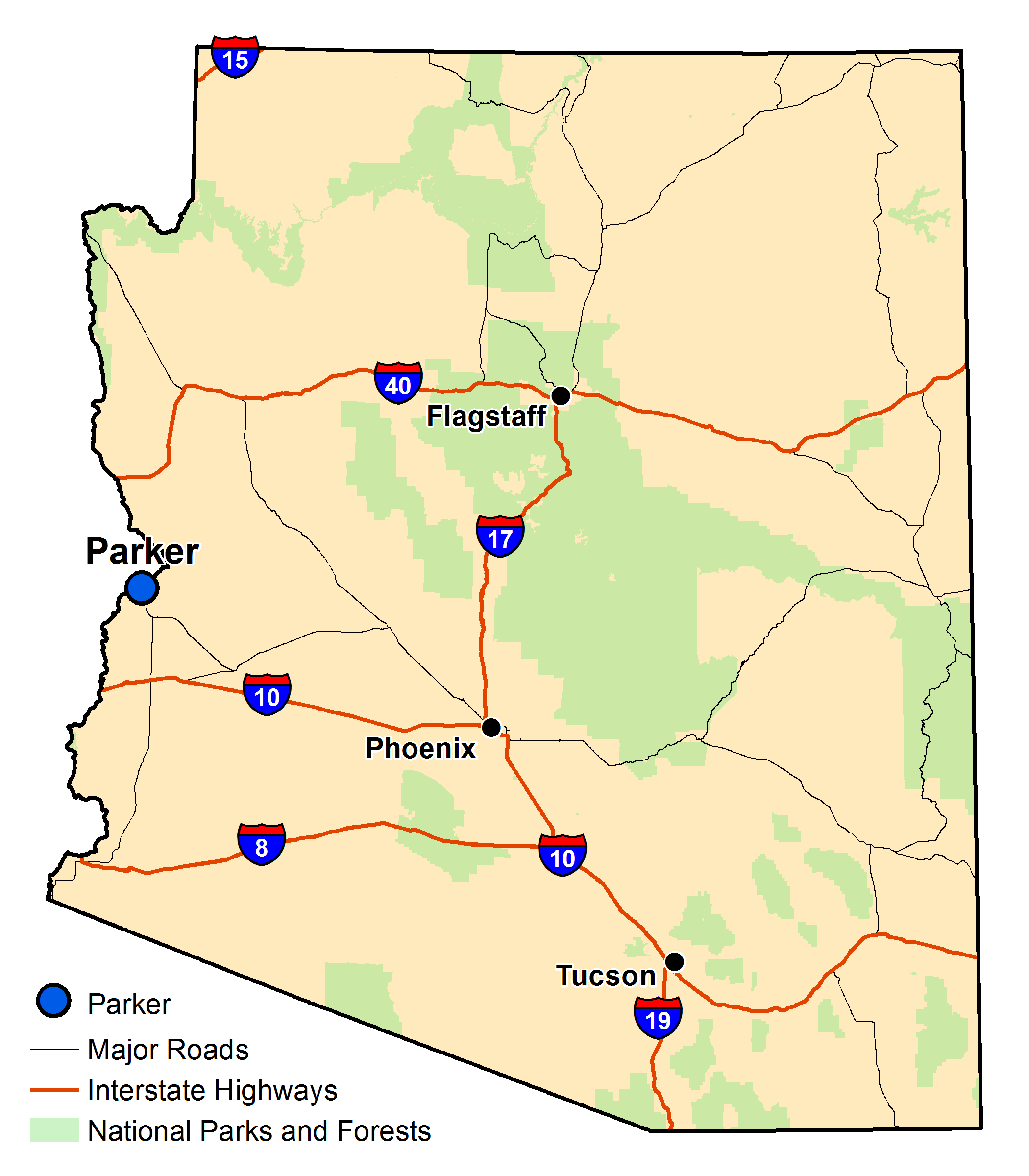 Map of Arizona with major highways and cities and the currently profiled community highlighted