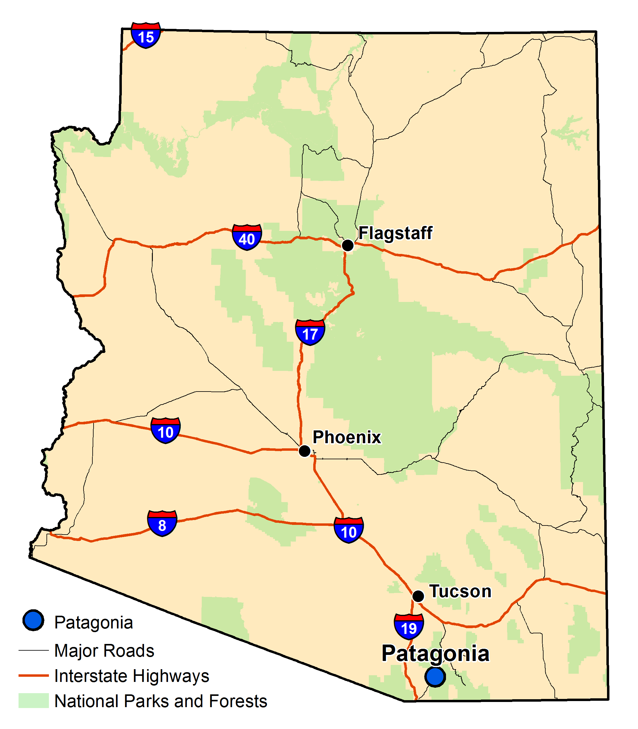 Map of Arizona with major highways and cities and the currently profiled community highlighted