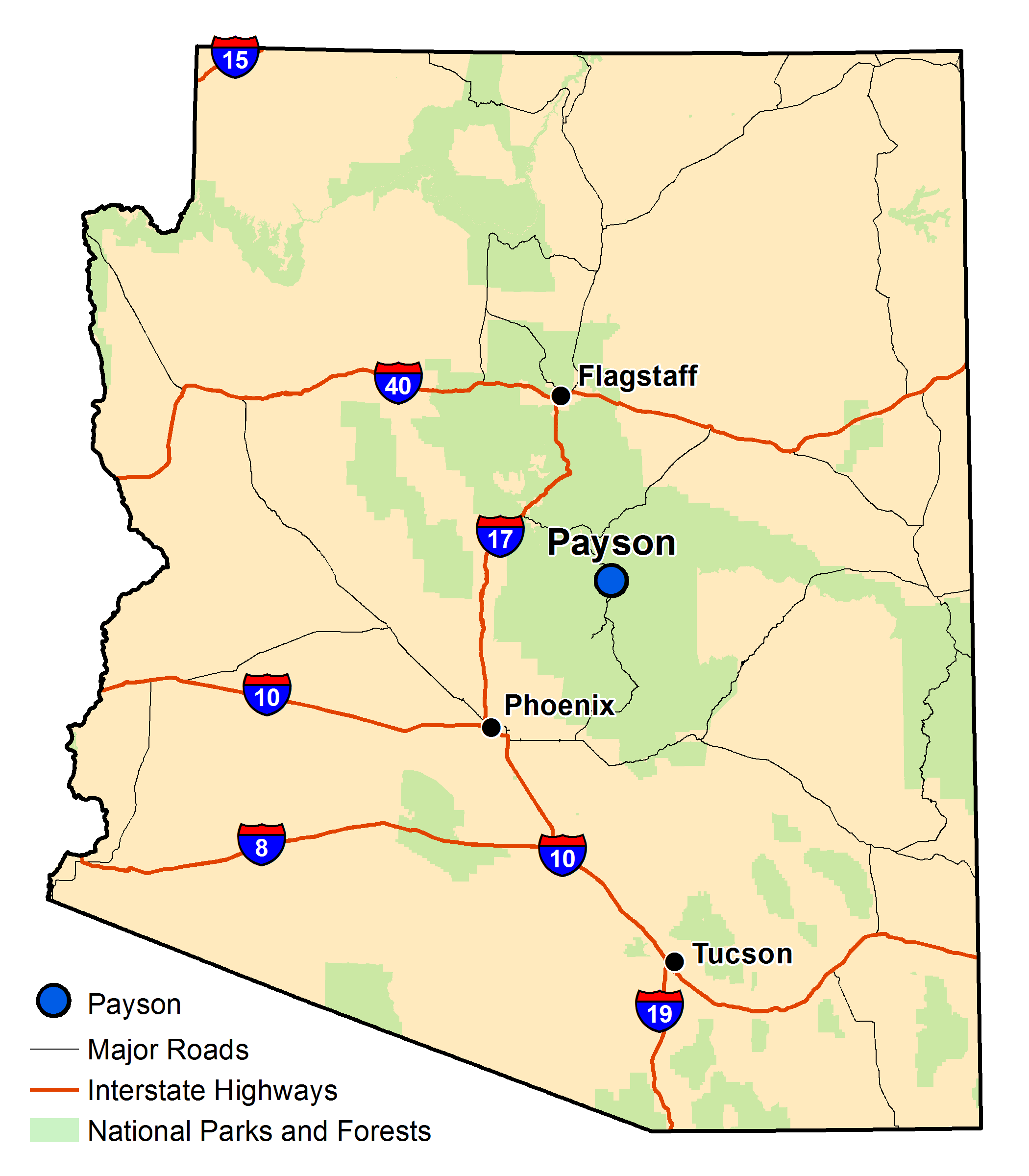Map of Arizona with major highways and cities and the currently profiled community highlighted
