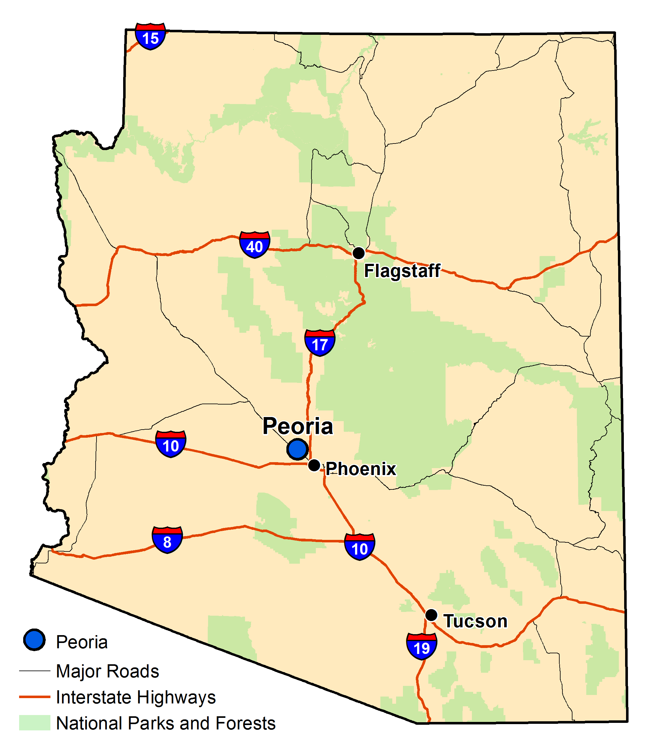Map of Arizona with major highways and cities and the currently profiled community highlighted