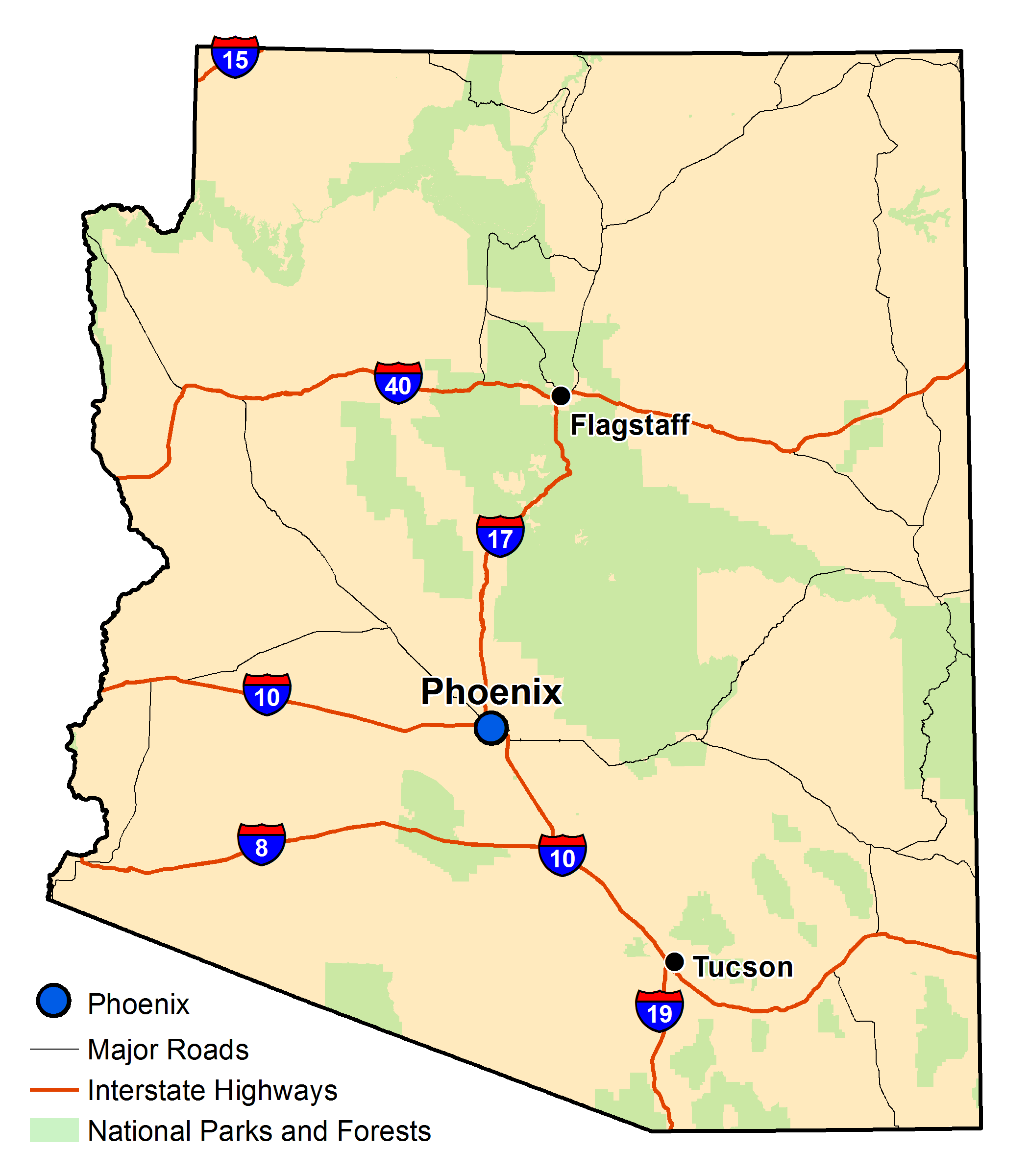 Map of Arizona with major highways and cities and the currently profiled community highlighted
