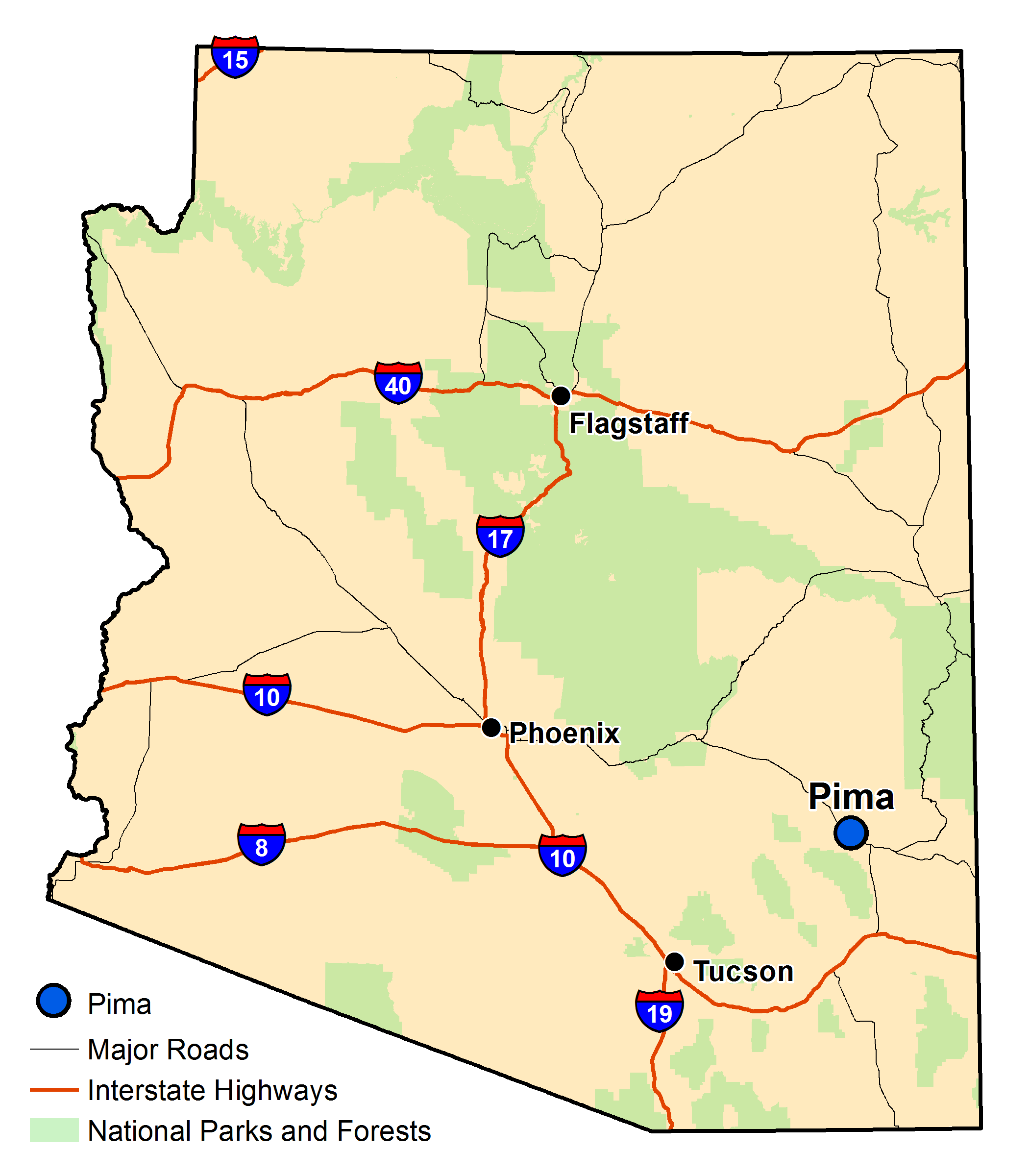 Map of Arizona with major highways and cities and the currently profiled community highlighted