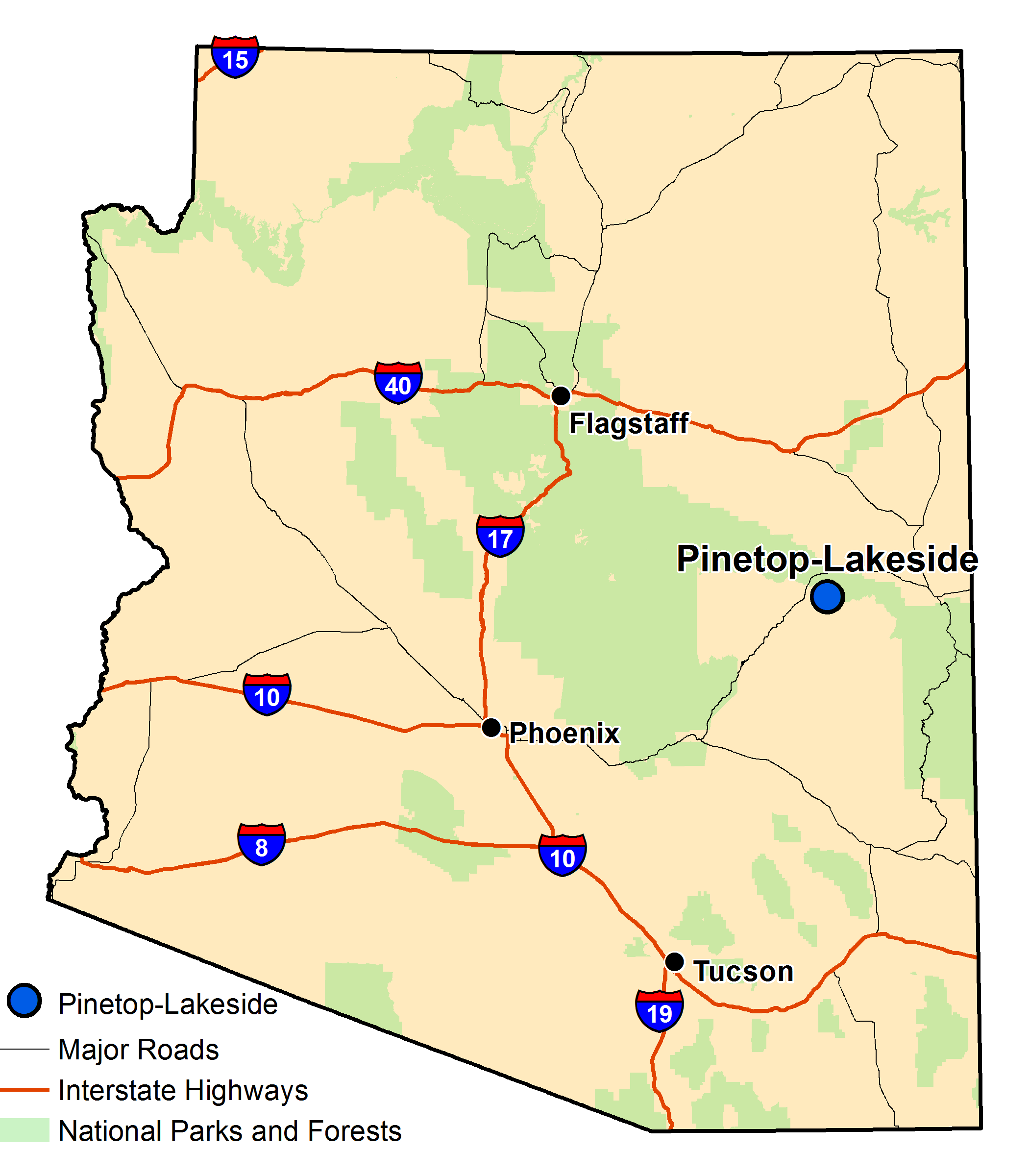 Map of Arizona with major highways and cities and the currently profiled community highlighted