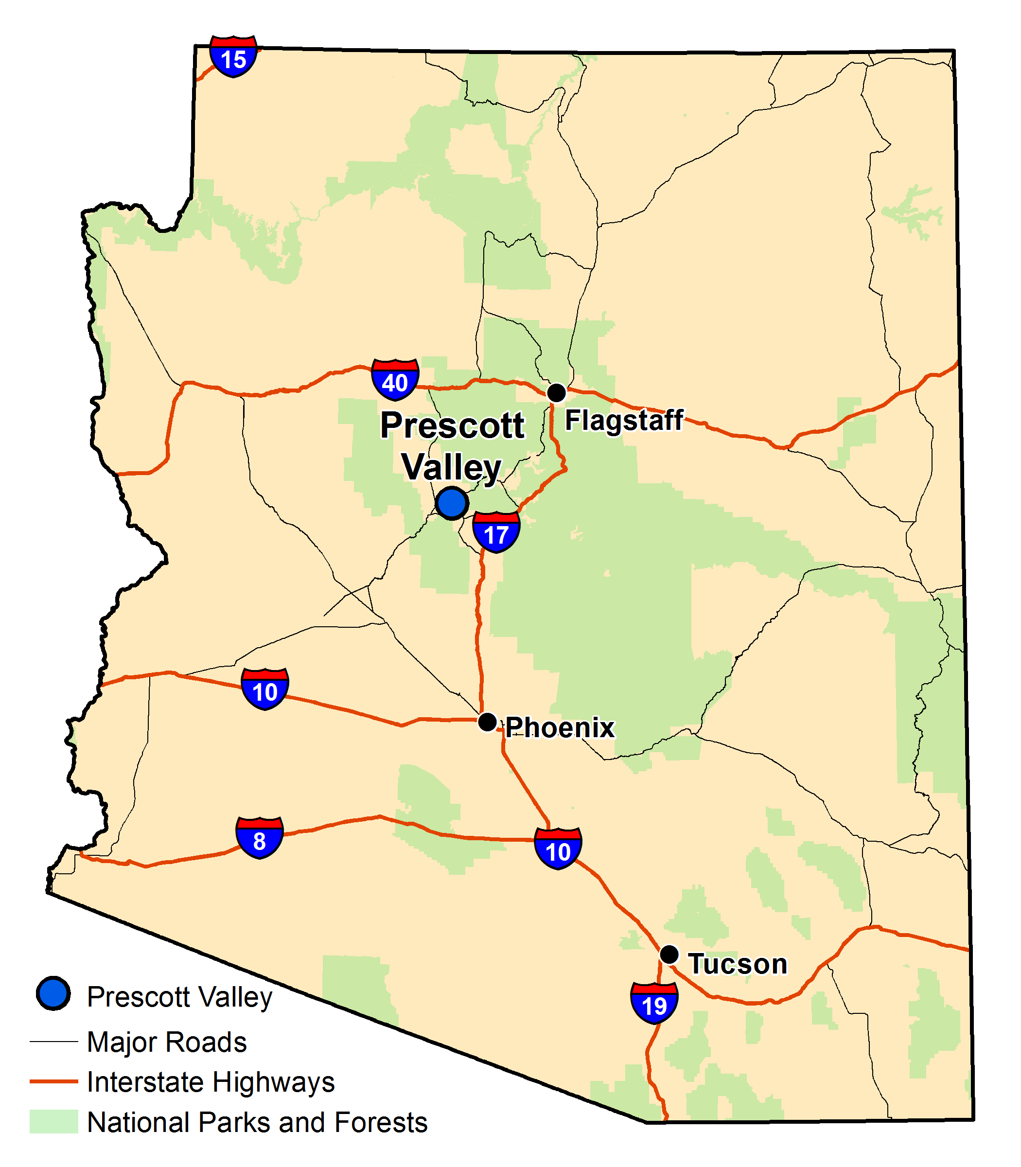 Map of Arizona with major highways and cities and the currently profiled community highlighted