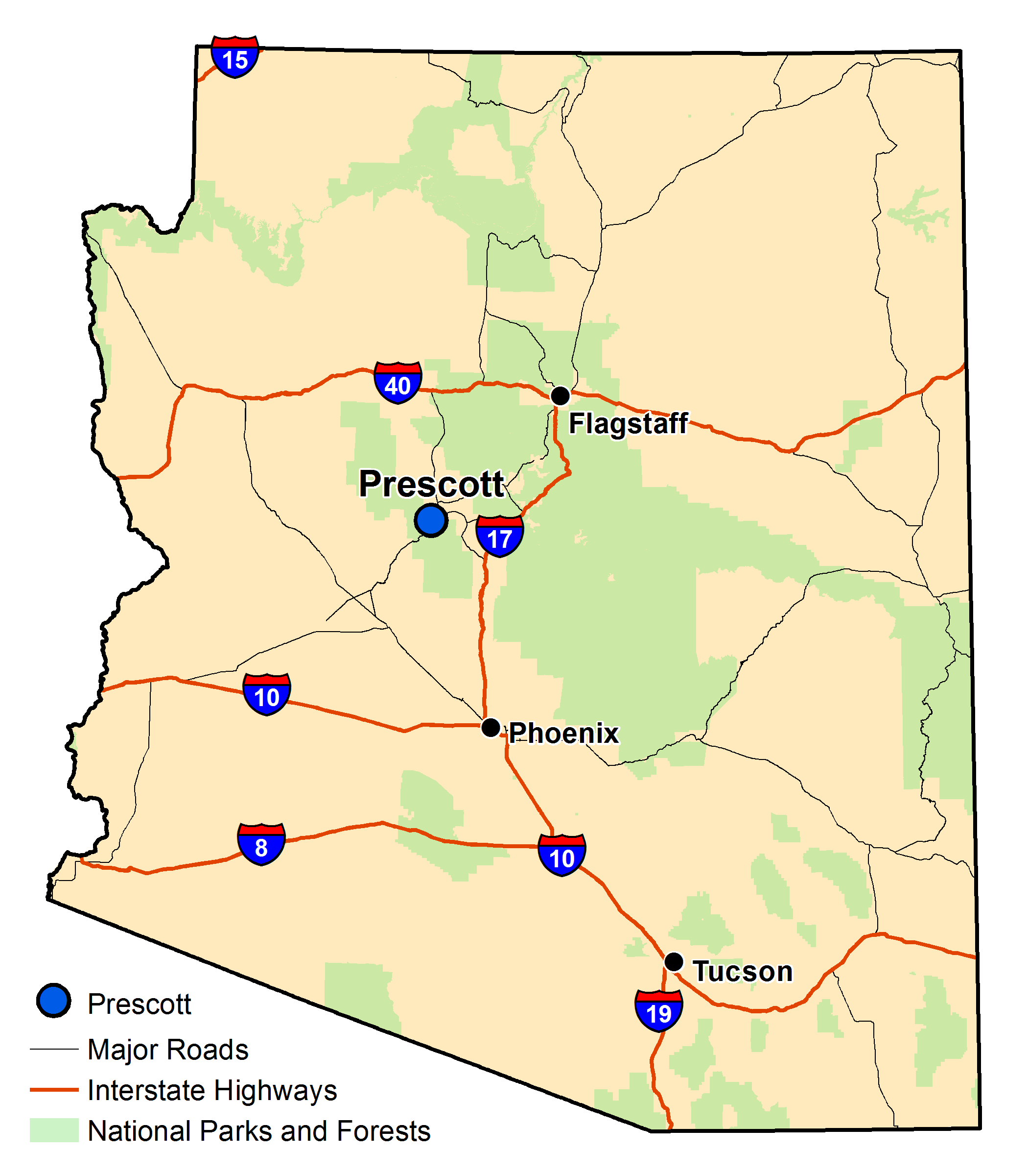Map of Arizona with major highways and cities and the currently profiled community highlighted